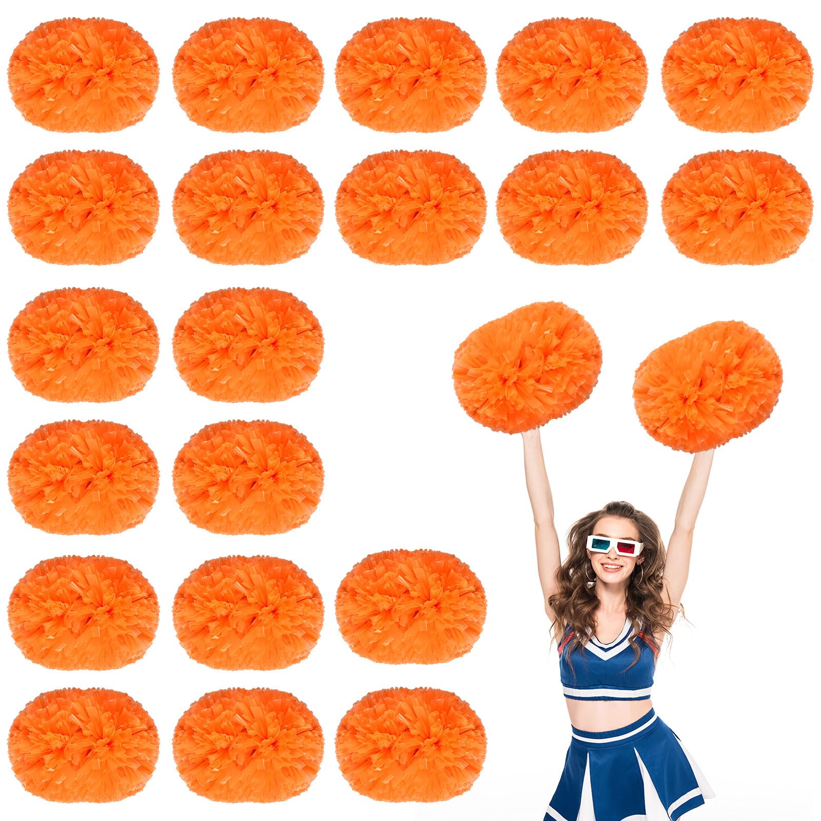 Lot de 20 pompons de 35 cm, pour entraînement sportif, danse, équipe, avec poignée. (Couleur orange)
