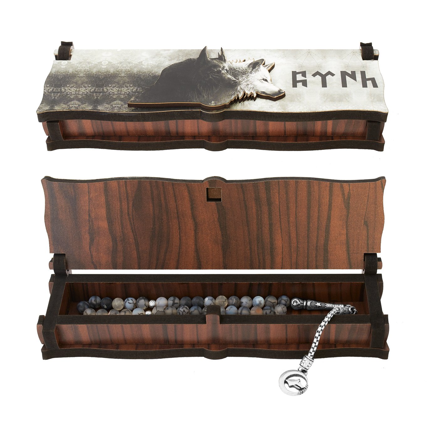 Box Schatulle MIT Gravur aus Holz Handgemacht & Tesbih Gebetskette '2 Wölfe' Bozkurt Alttürkisch