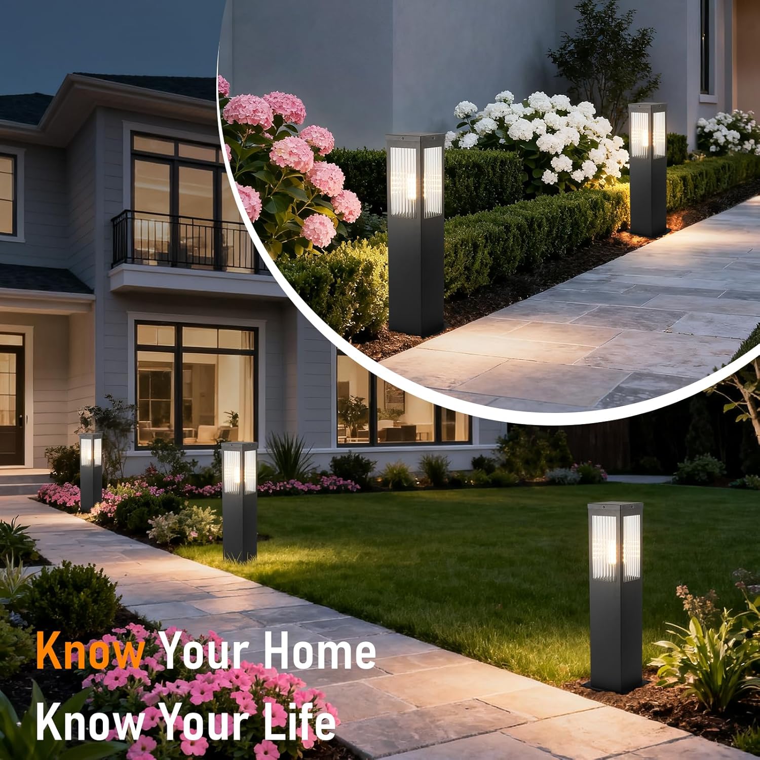 Outdoor Landscape Path Light Stainless Steel Waterproof Bollard Lighting Hardwired E26 Glass Post Pillar Lights Black Modern Lawn Lighting Outside House Pathway Lamp For Garden Patio Yard Street Light