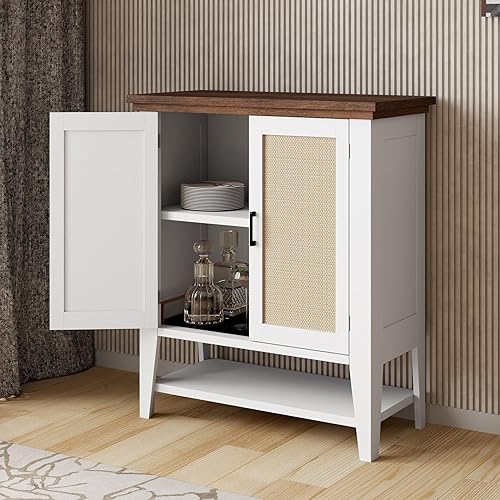 Miniatura 7 de Gabinete de buffet de ratán, aparador de cocina, armario de almacenamiento con 2 puertas de ratán y estante ajustable, armario de madera con estante