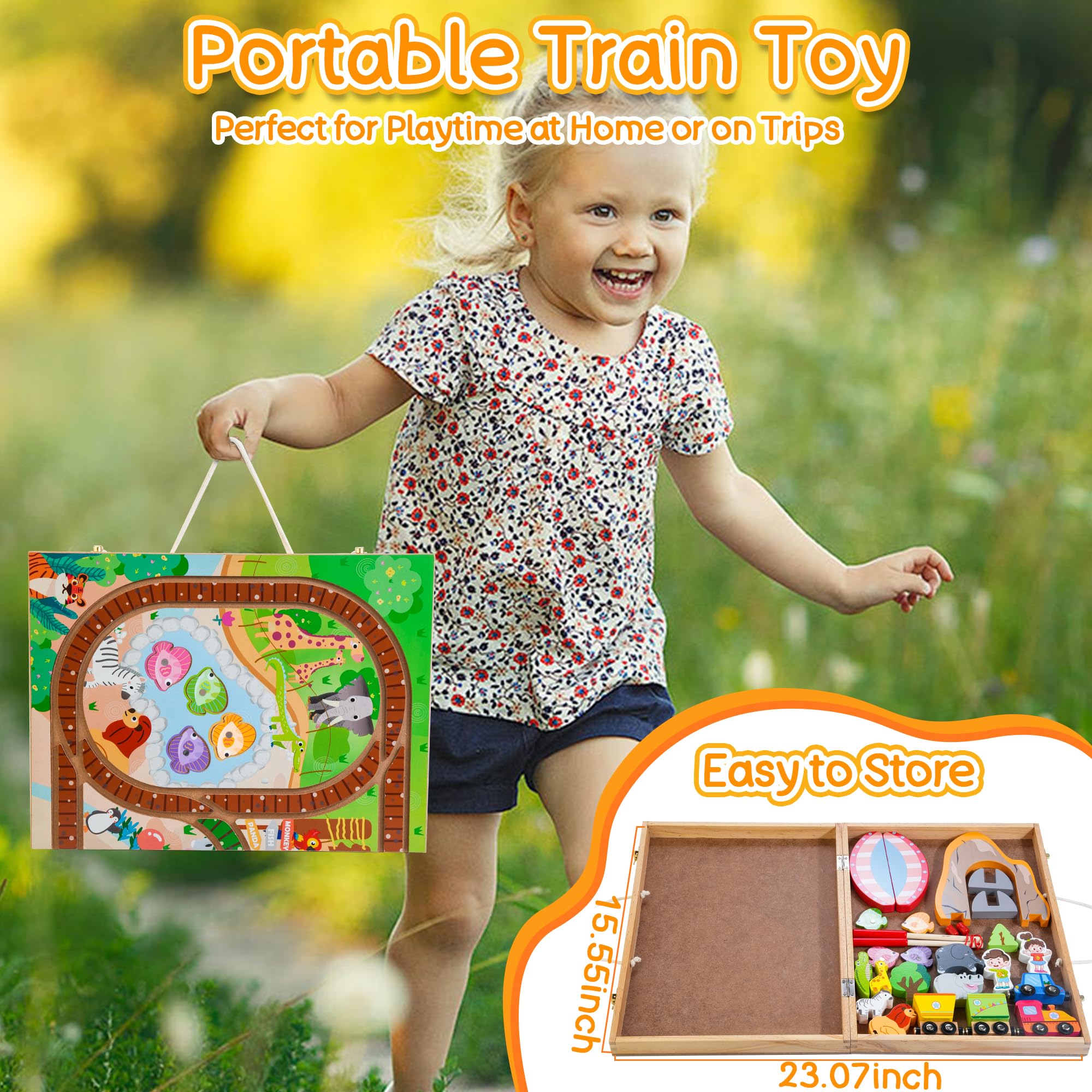 Juego de tren de madera para llevar, fiestas temáticas de zoológico, juego de pesca magnético, juego de apilamiento de animales, juguete de tren portátil para viajar, regalo para niños de 2 7
