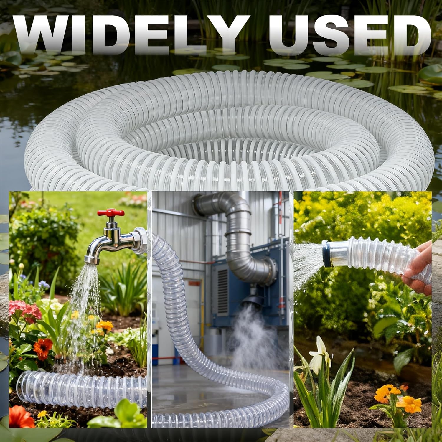 Pool Filter Pump Hose 1-1/4” × 12 Feet Transparent Flexible PVC Pond Hose,Garden Pond Tube - Kink-Resistant Tubing for Pumps, Fountains, with 4 Clamps