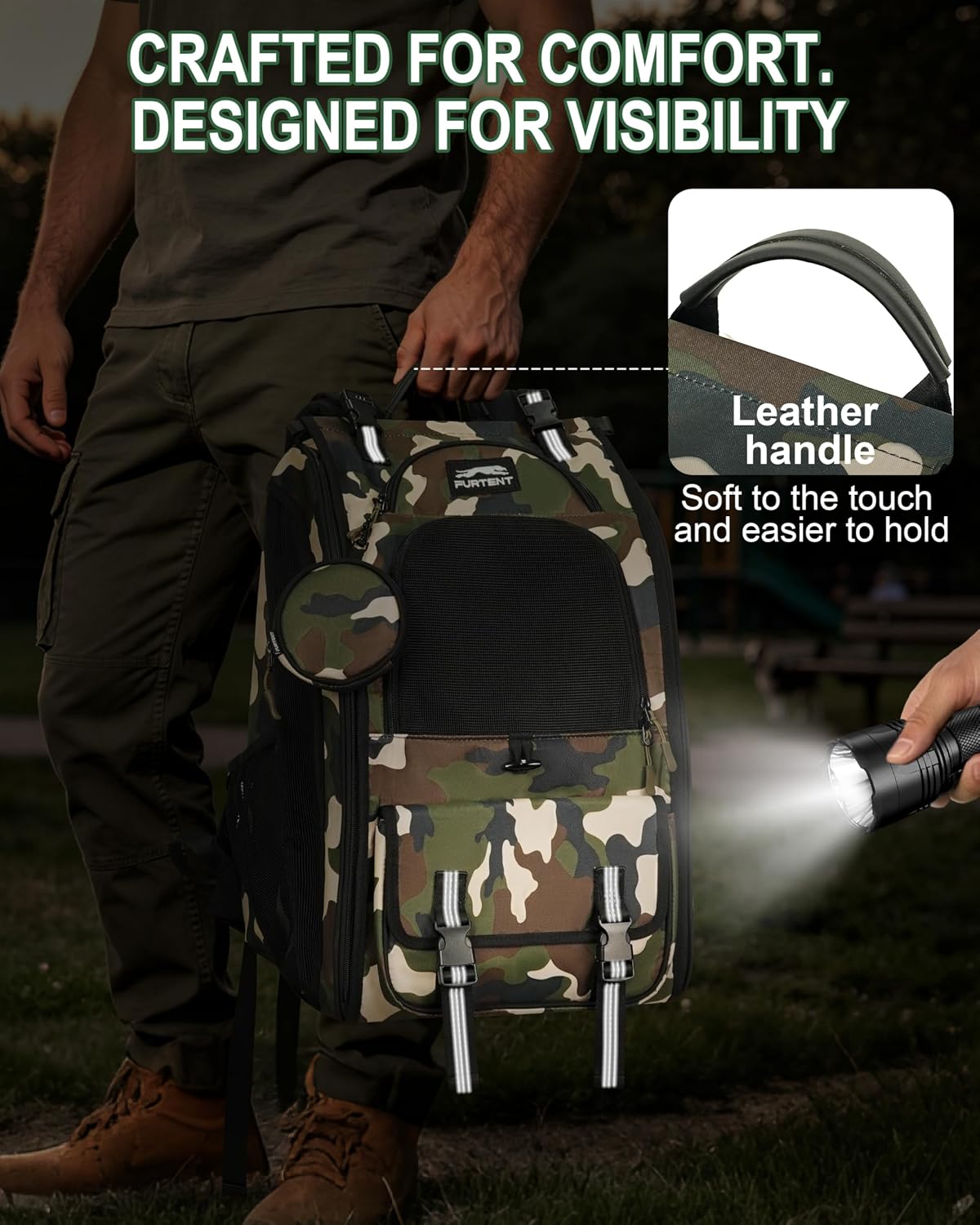Dog Backpack Carrier with Ergonomic Support, Padded Straps and Ventilation, Hiking Pet Backpack with Safety Tethers, Reflective Trim and Waist Support, Up to 22lbs