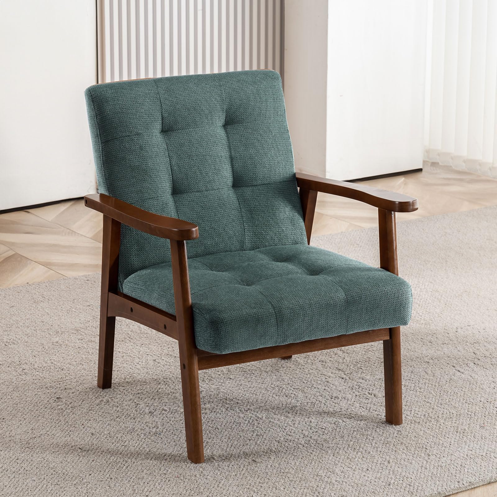 Mid Century Modern Accent Chairs for Living Room, Comfy Bedroom Chairs for Adults,Small Wide Reading Nook Arm Chair, 105° Ergonomic, Cozy Green