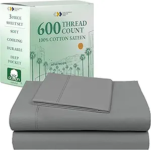 California Design Den Luxury Twin XL Sheet Set - 100% Cotton, 600 Thread Count Deep Pocket XL Twin Sheets, Hotel-Quality Bedding with Soft Sateen, Dorm Essentials for Guys - Mist Grey
