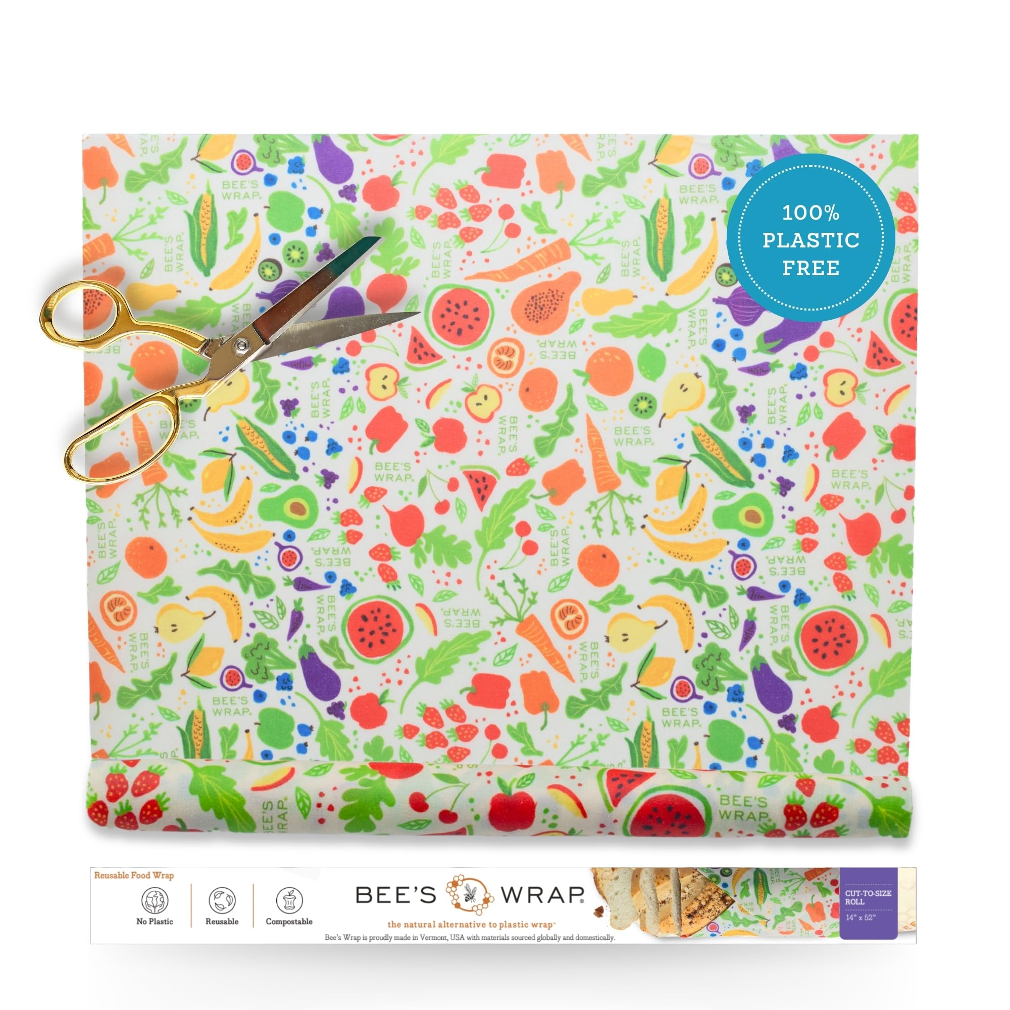 Bee's Wrap Rotolo di carta cerata per alimenti, per feste in giardino, 35,6 x 132,1 cm, prodotto negli Stati Uniti, riutilizzabile, in carta cerata e copertine per ciotole, alternativa biologica ed