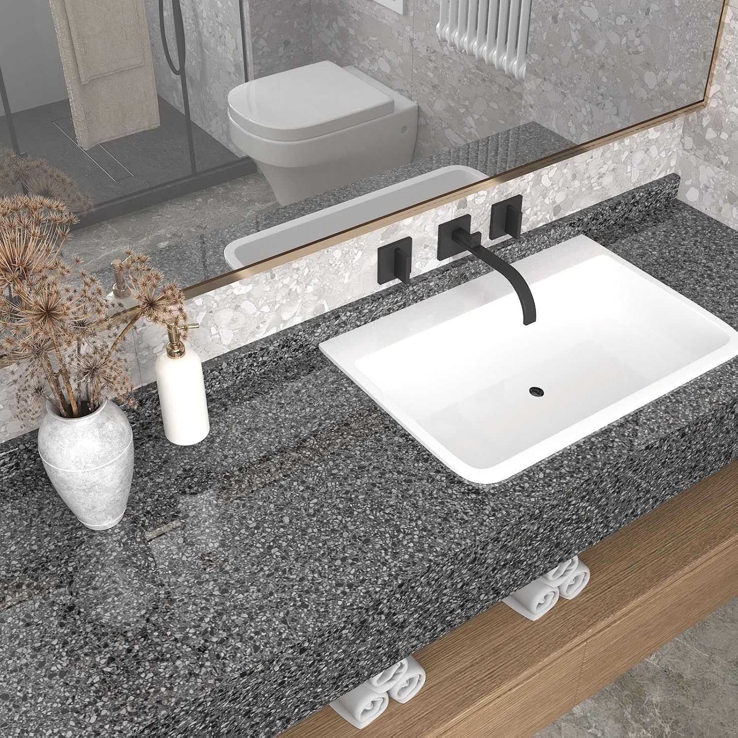 15.7"x472" Dark Grey Terrazzo Contact Paper Granite Peel and Stick Countertops for Kitchen Waterproof Removable Glossy Marble Contact Paper Gray Granite Vinyl Wrap for Desk Table Counter Top