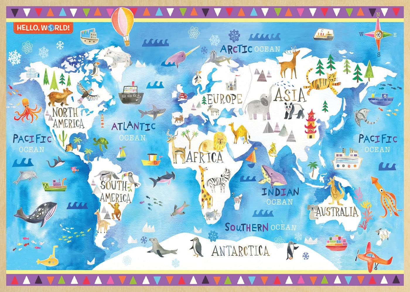 MasterPieces 60 Piece Jigsaw Puzzle for Kids - Hello, World World Map Wood Puzzle - 11.75"x16.5"