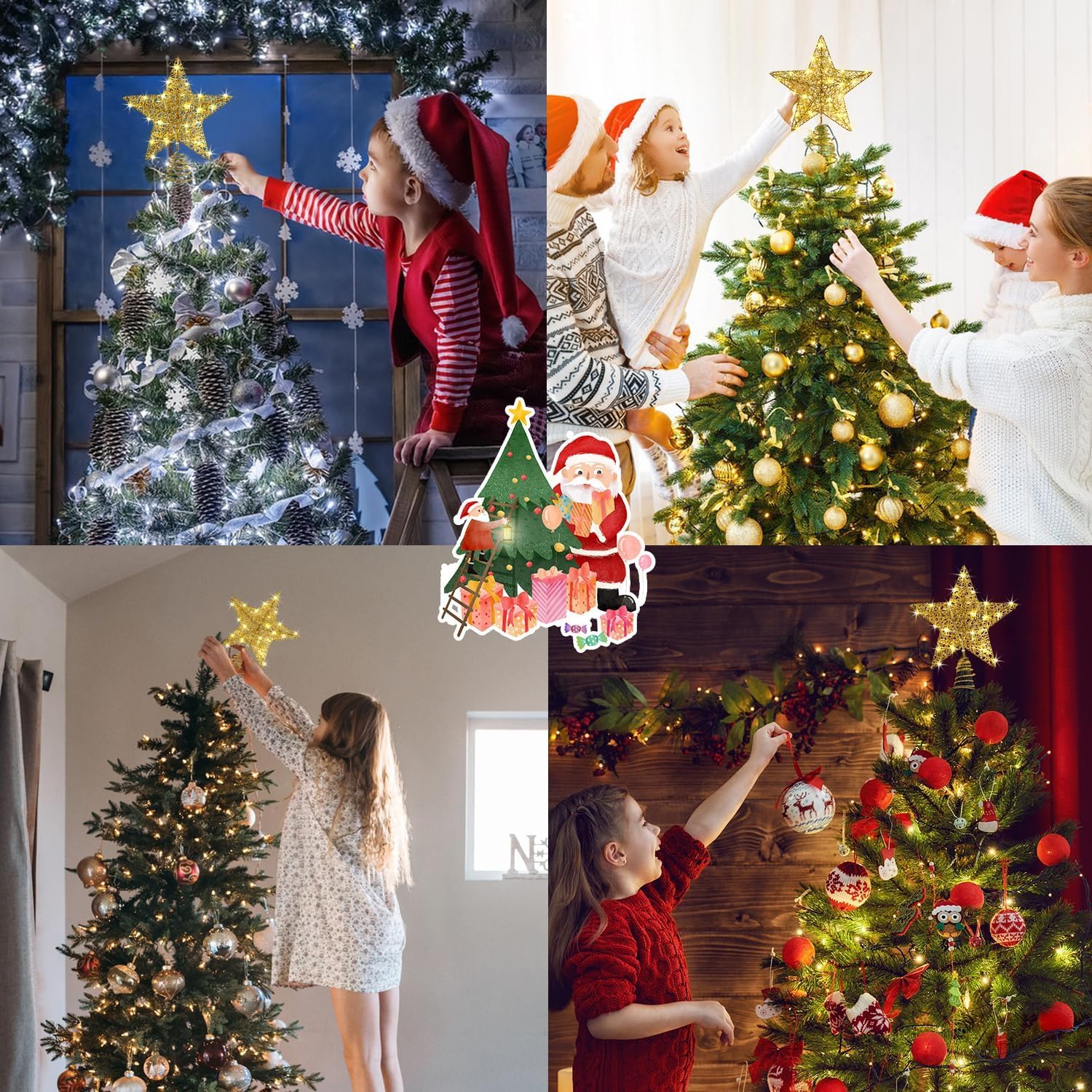 Estrella para Copa del Árbol de Navidad con Luz, Estrella Superior 10 Luces LED Estrella De áRbol De Navidad, Oro