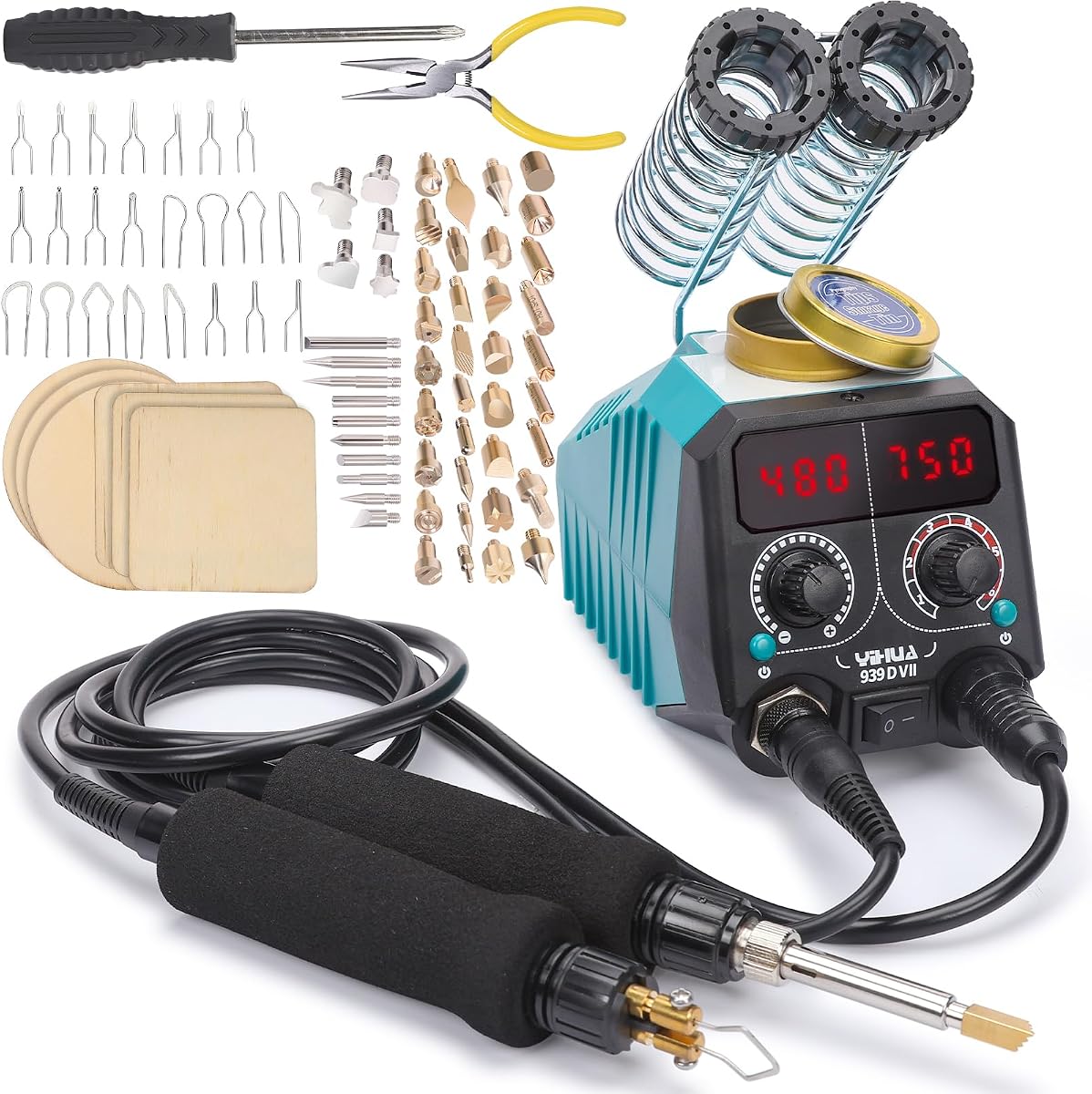 YIHUA 939D-VII Herramienta de pirograbado Kit de pluma para quemar leña Estación 2 en 1 Punto sólido 200 ~ 480 °C (con pantalla de temperatura)/punta de alambre 250 ~ 750 °C con 23 puntas, 50 puntos sólidos, 6 piezas de madera