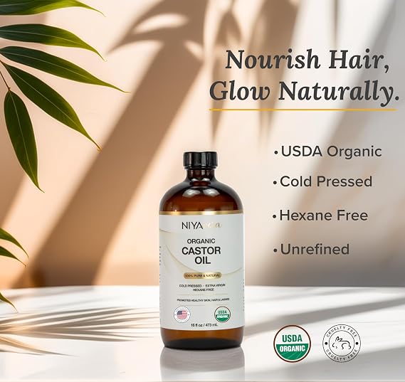 16oz Pure Castor Oil Organic Cold Pressed Glass Bottle with Pump and 2 Cotton Flannels Unrefined, Hexane Free, Natural, USDA Certified, Golden Castor oil for Skin, Hair, Lashes, Nails & More