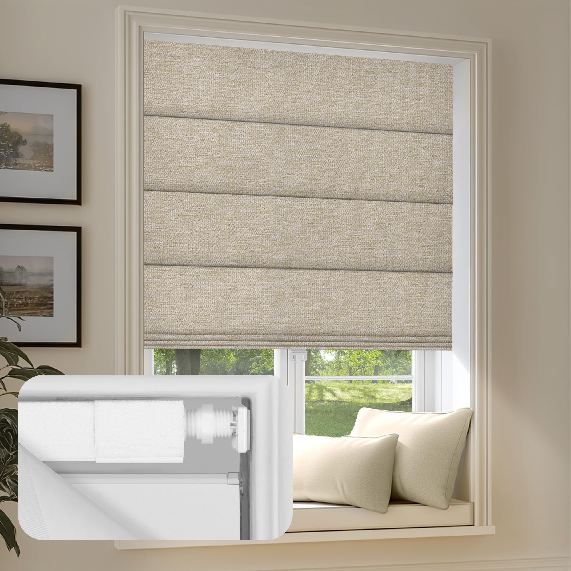 Sulugood No Drill No Tools Blackout Roman Shades Easy to Install for Indoor Windows Cordless Roman Blinds Thermal Insulated Noise Reduction,Room