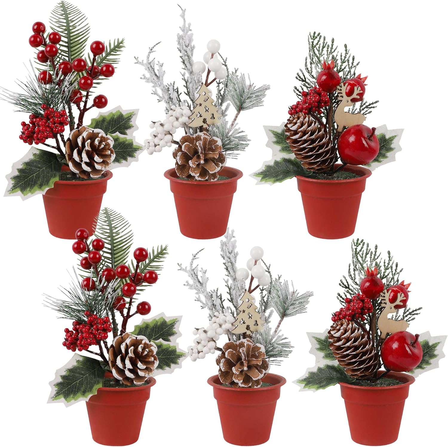 winemana Mini Christmas Tree Table Decorations, 6 Pcs Small Artificial Tree with Pine Cones & Red Berry, Holiday Tabletop Centerpiece for Home Kitchen Room Mantel Winter Party Decor winemana Mini Christmas Tree Table Decorations, 6 Pcs Small Artificial Tree with Pine Cones & Red Berry, Holiday Tabletop Centerpiece for Home Kitchen Room Mantel Winter Party Decor