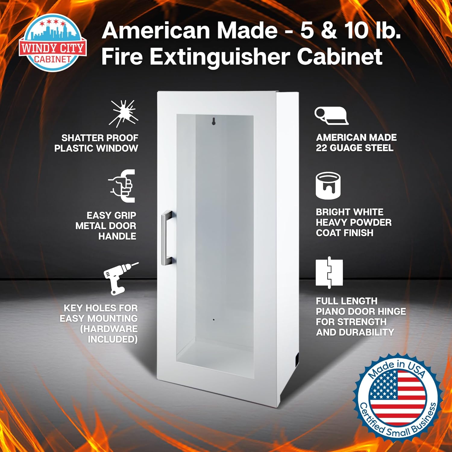 Fire Extinguisher Mount for Wall & Surface - 22 Gauge Steel, USA Made - Fire Extinguisher Cabinet Storage w/Metal Handle - Indoor & Outdoor Use - 24.5H x 9.25W x 6.5D - White
