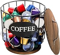 Vista 1 de yarlung Soporte para cápsulas de café con tapa, soporte para tazas K de gran capacidad con base de madera rústica, cesta de almacenamiento de café
