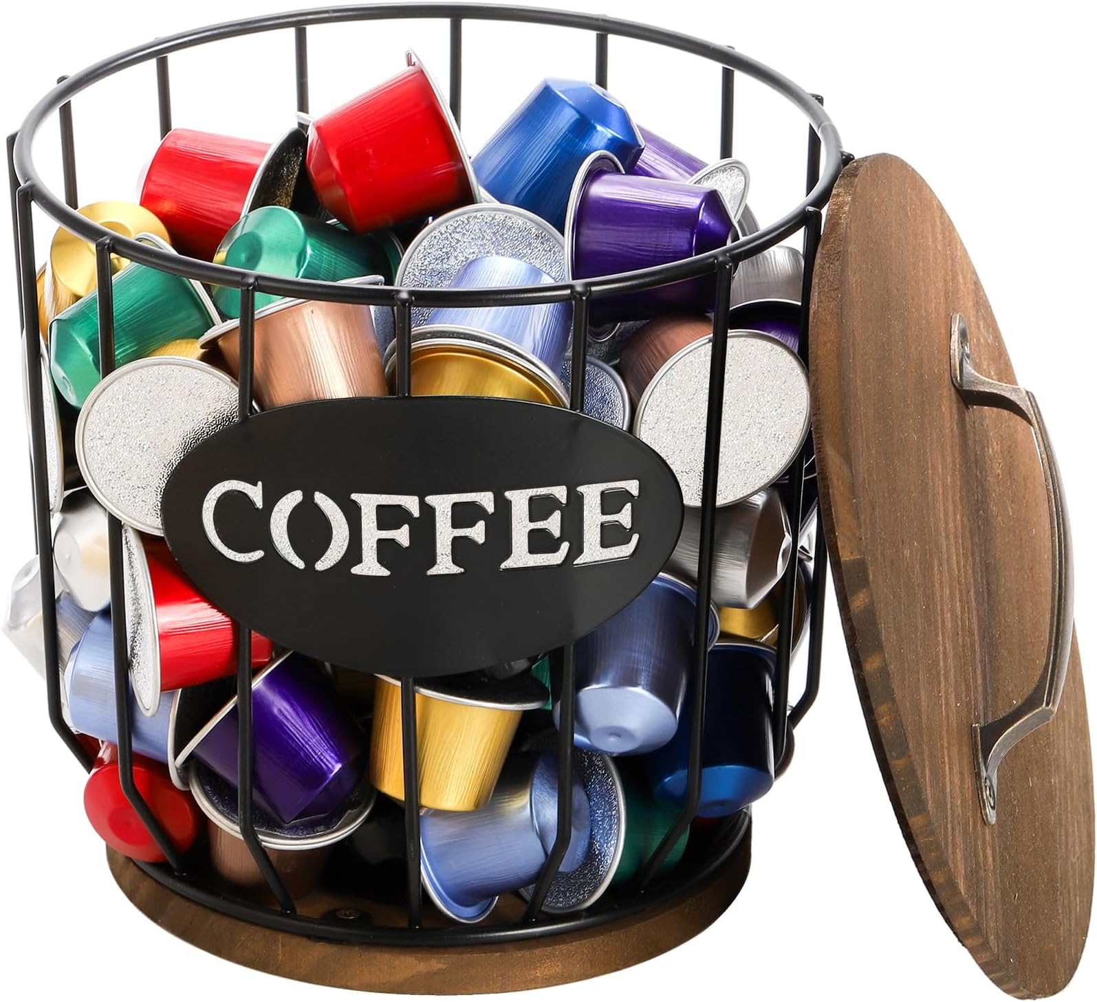Yarlung Coffee Pod Holder With Lid - Large Capacity K Cup Filter Storage Basket With Rustic Wooden Base, Black Wire for Kitchen Countertop, Bar, Station Organizer