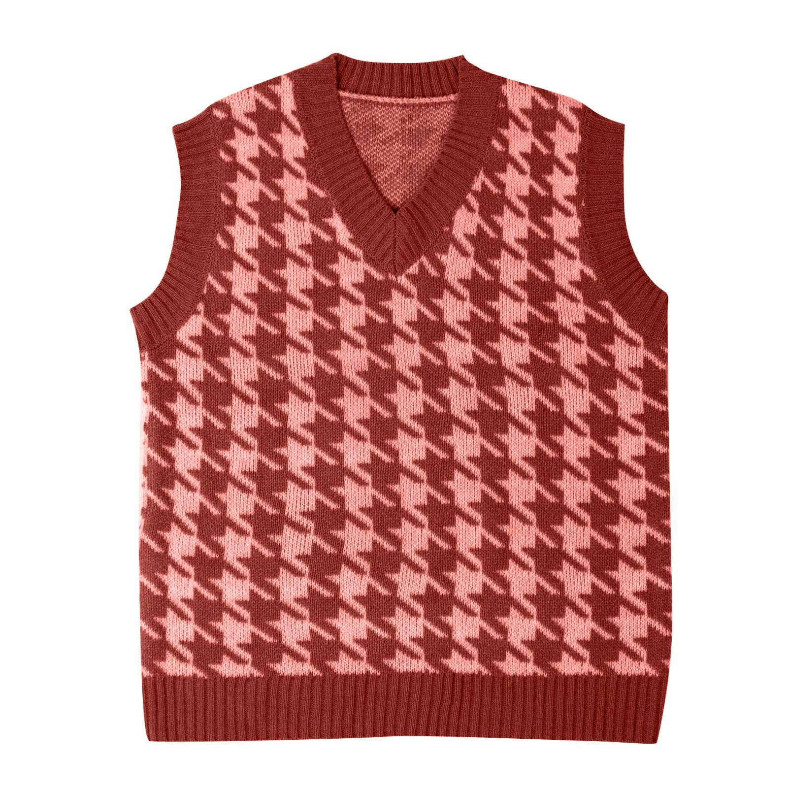 Oversized Sweater Vest Women Casual Vneck Houndstooth Knit Sweaters 2025 Fall Aesthetic Checkered Work Vests