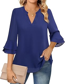 Womens Tops Dressy Casual 3/4 Tiered Bell Sleeve Blouses Double Layered Chiffon Work Tunic Shirts - Buy now