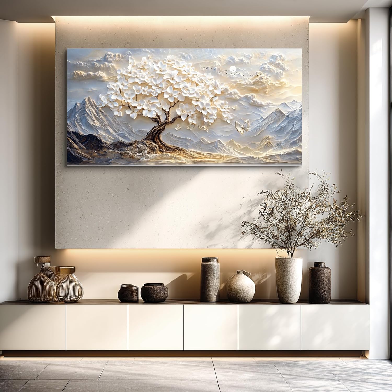JUDASJART Canvas Wall Art For Living Room Large Wall Decor For Office Bedroom Decorations White Blossom Tree Landscape Pictures Abstract Painting Artwork Room Wall Mural Aesthetic Home Decor 30x60 In