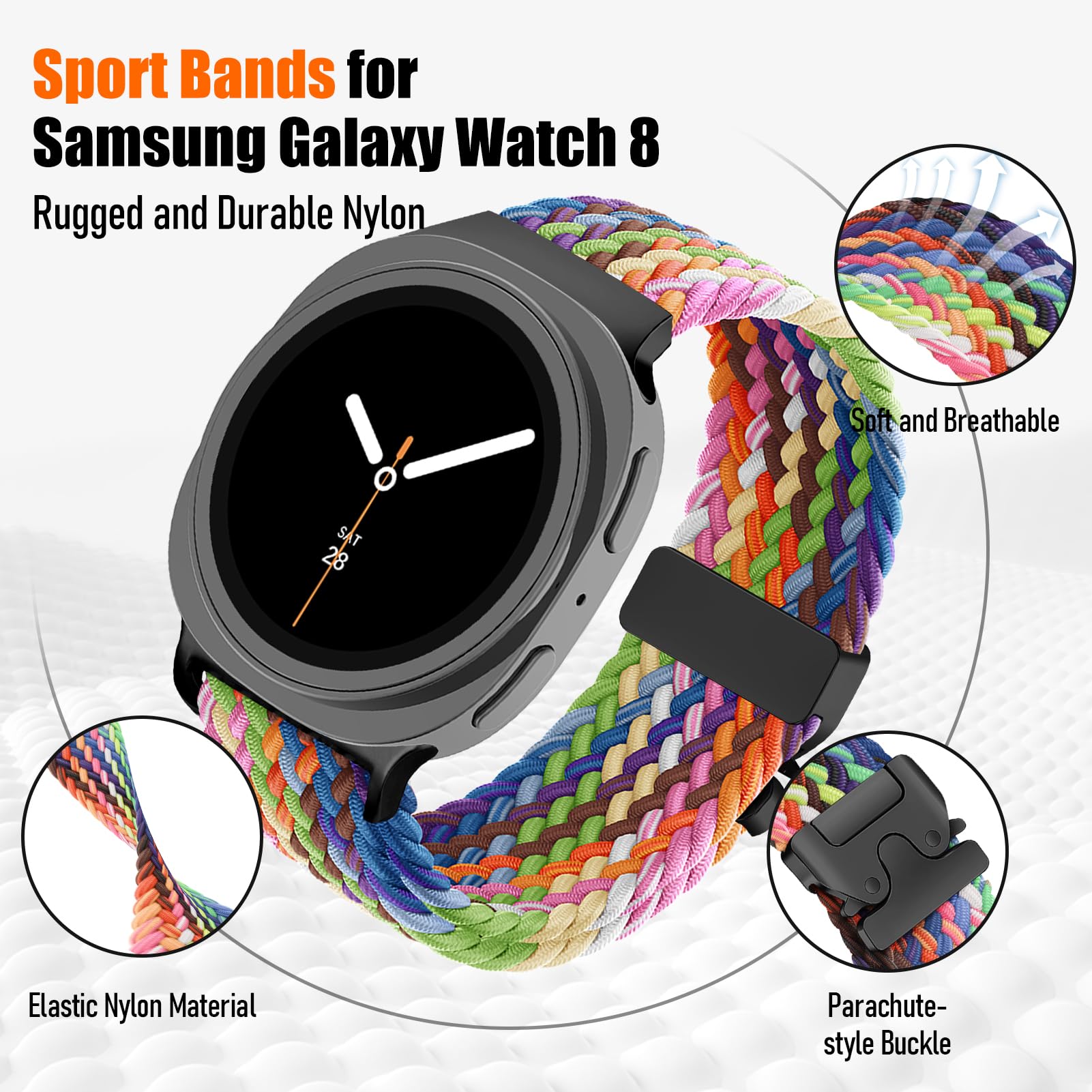 Correas trenzadas con un clic para Samsung Galaxy Watch 8/8 Classic Band de 40 mm, 44 mm, 46 mm, para mujeres y hombres, pulsera elástica con cierre de paracaídas, correa de nailon deportiva para