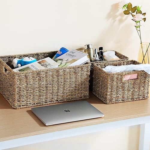 Miniatura 6 de HOONEX Cestas grandes de mimbre para almacenamiento, cestas de hierba marina con asas dobles, cestas tejidas para almacenamiento, juego de 3,