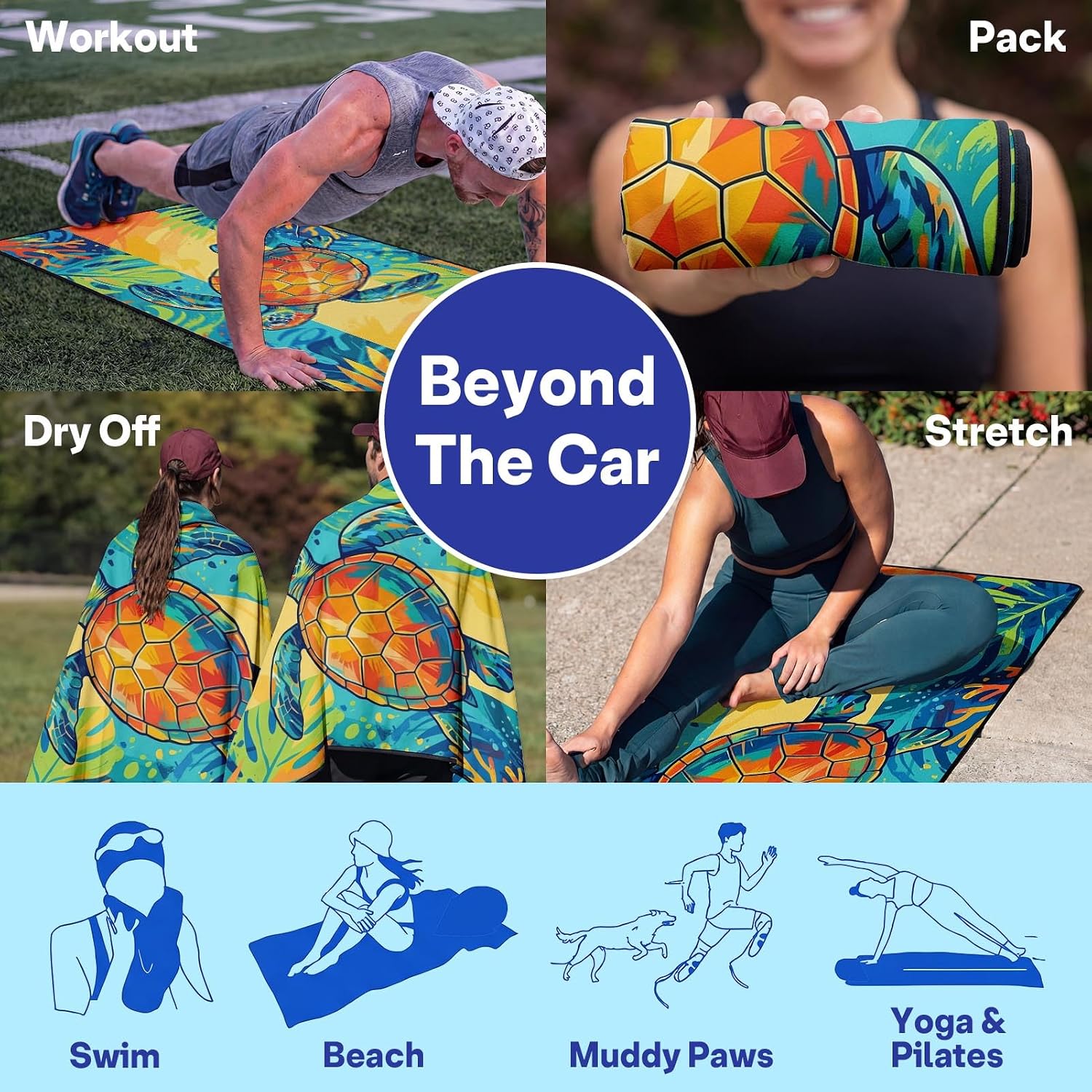 2 Pack Car Seat Towel Covers, Sweat-Proof Microfiber Seat Protectors for Gym, Running, Beach & Workout, Breathable Quick-Dry, Machine Washable, Multicolor Sea Turtle Print, Universal Fit