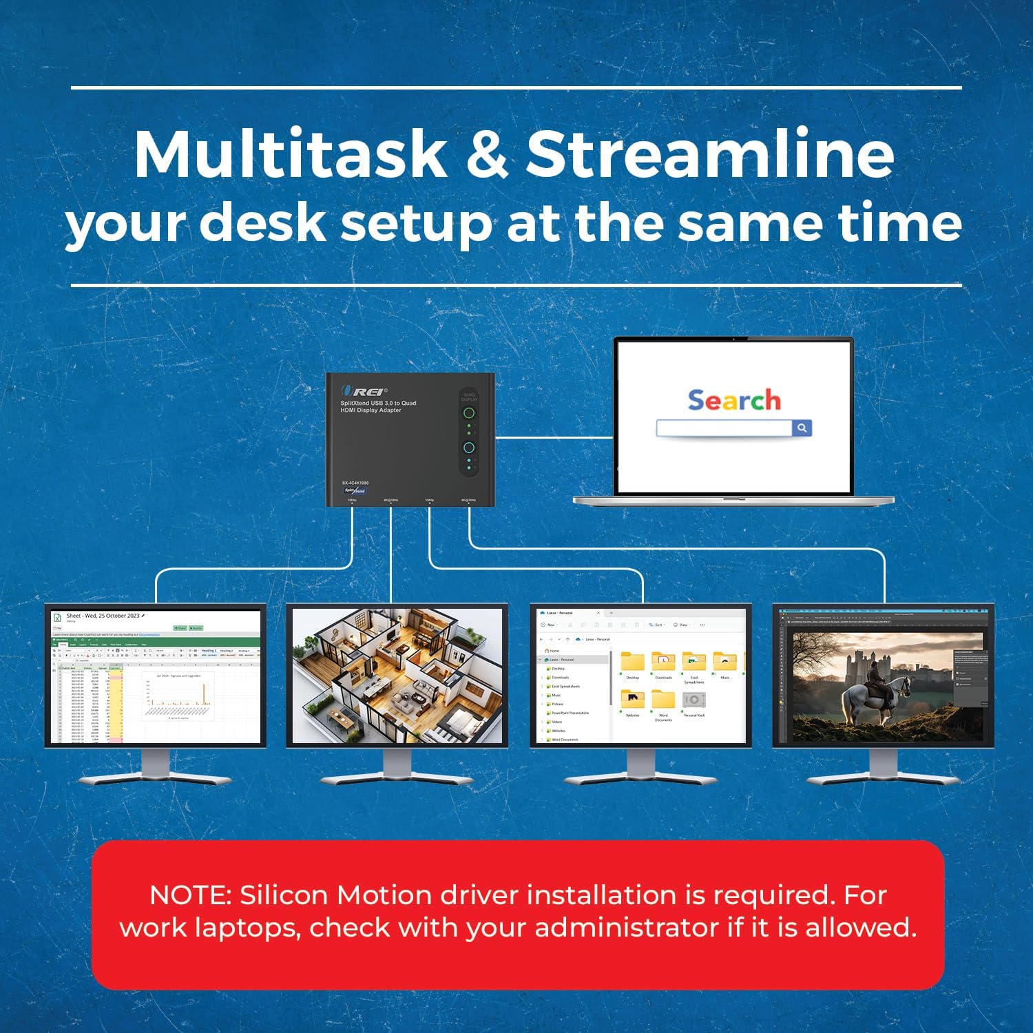 OREI SplitExtend HDMI Splitter Extended Display for Quad Monitor - Laptop Multiple Monitor Adapter with 4 Displays - USB-C Adapter to HDMI 2.0, 4K@30Hz Outputs - Windows and Mac Compatible