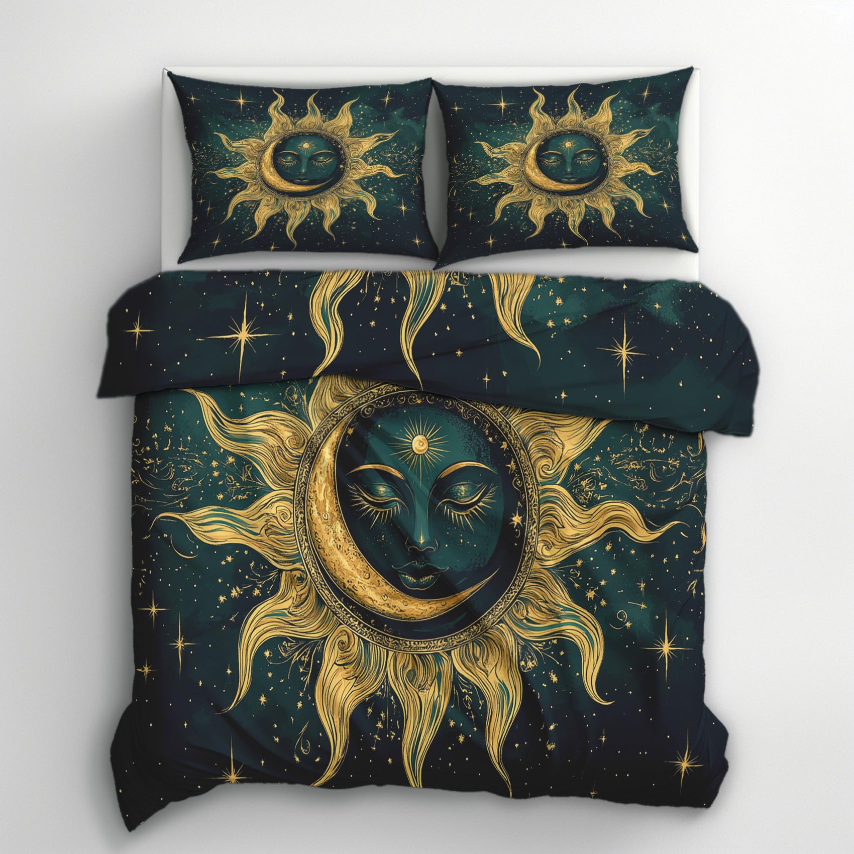 Sun and Moon Emperor Duvet Cover Sets - Gold Bohemian Boho Bedding & Bedroom Decor, Super Soft Microfiber Quilt Cover and 2 Pillowcases, with Zip, Reversible Design N1&I-110 โ image 1