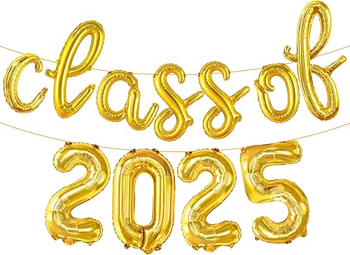 Miniatura 1 de KatchOn, Cartel dorado de globos de la clase de 2025 – Guión, 16 pulgadas | Globos de graduación 2025, decoraciones de graduación 2025 | Clase de
