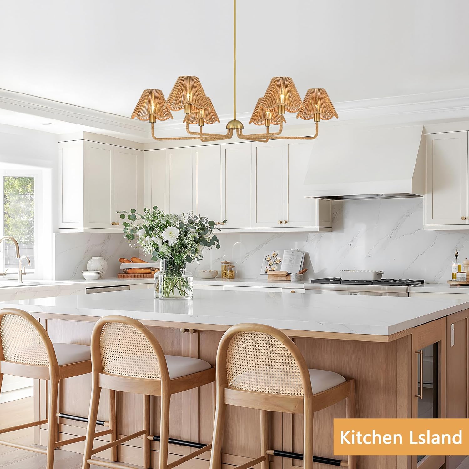 6-Light Gold Rattan Chandelier Light Fixtures, 39" Large Boho Pendant Lights with Adjustable Height, Farmhouse Lighting Fixtures Ceiling for Kitchen Island,Wicker Hanging Light for Living Room