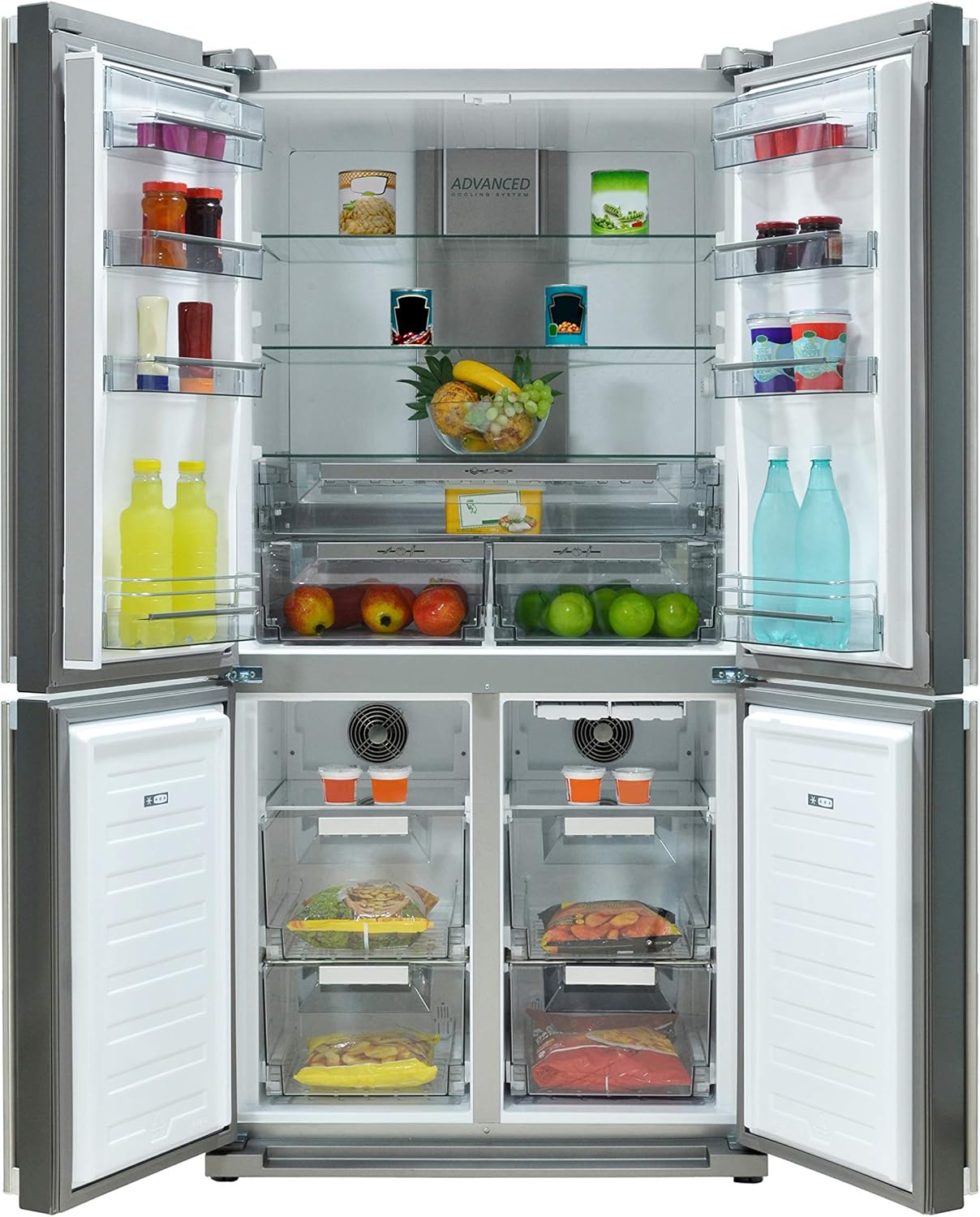 Interior view of the Sharp SJ-F2560E0A-EU refrigerator with food items.
