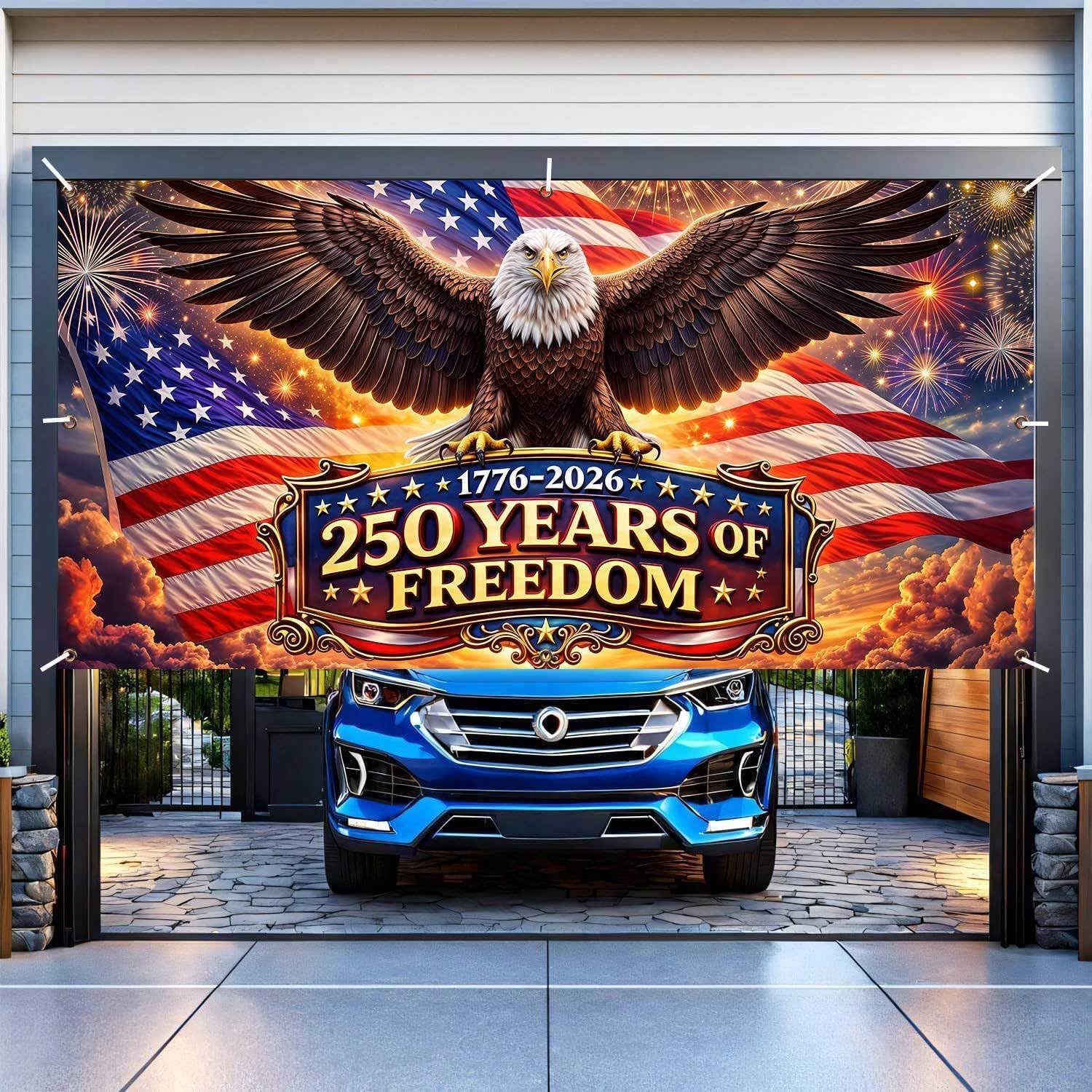 8X7ft American 250 Years of Freedom Garage Door Decorations Cover, 1776-2026 USA 250th Birthday Anniversary Party Decorations, Independence Day 4th of July Patriotic Garage Door Background