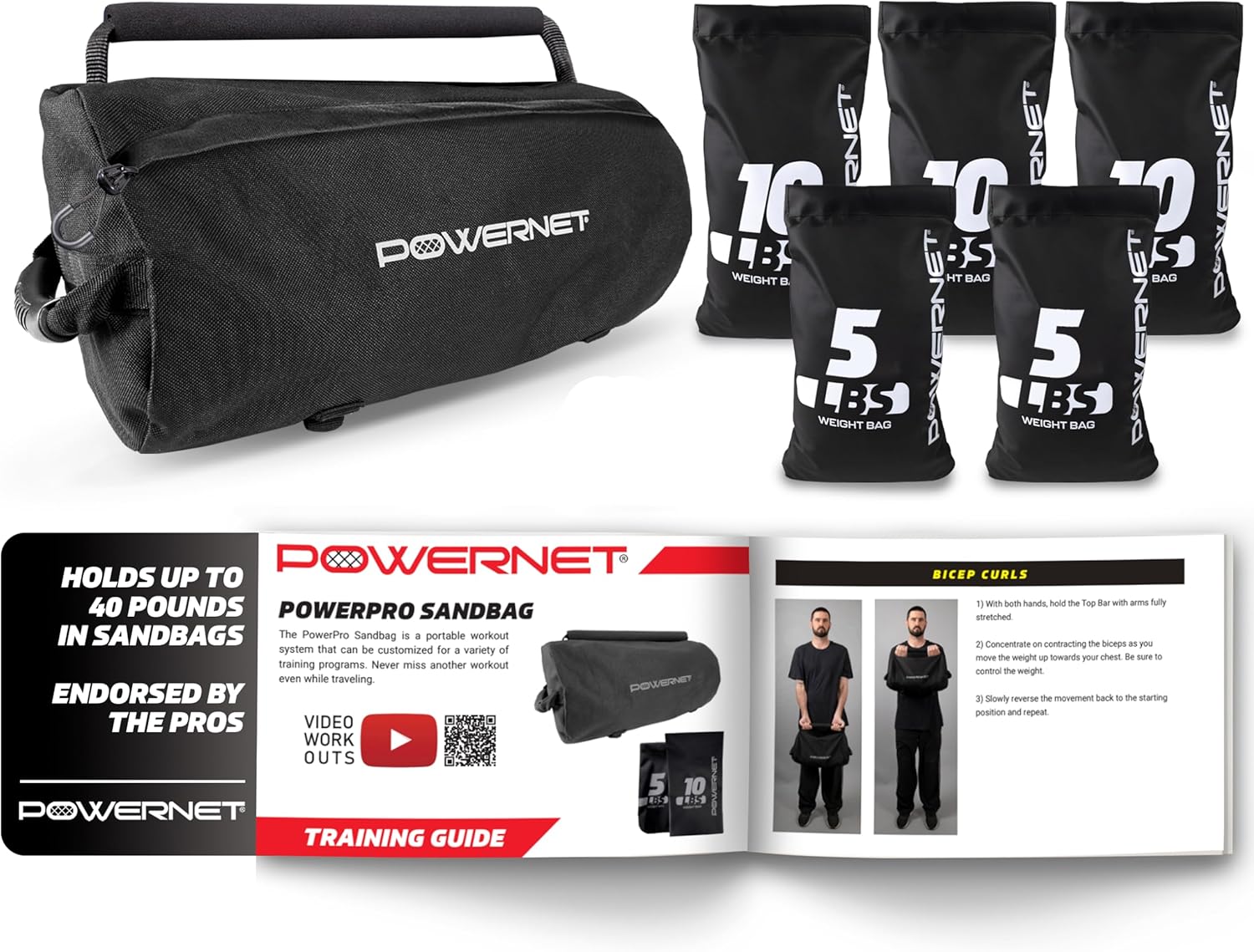 PowerNet PowerPro Sandbag, Holds Up to 40 Pounds in Sandbags, Heavy-Duty Workout Equipment for Strength Training and Fitness, Home Gym Exercise Equipment, Workout Guide Included
