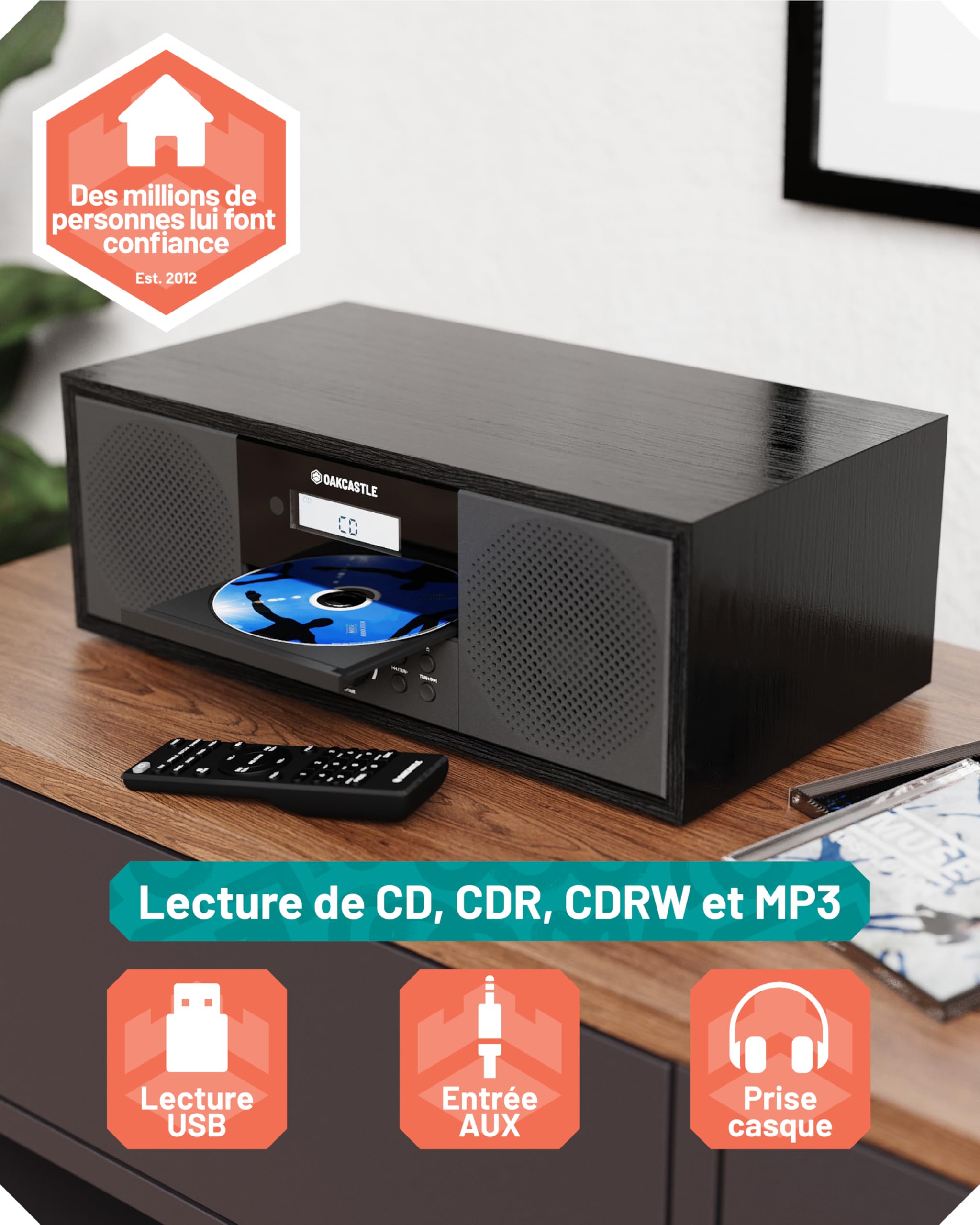 OAKCASTLE DAB500 Radio Dab+ Bluetooth Lecteur CD Système stéréo 60W pour Maison