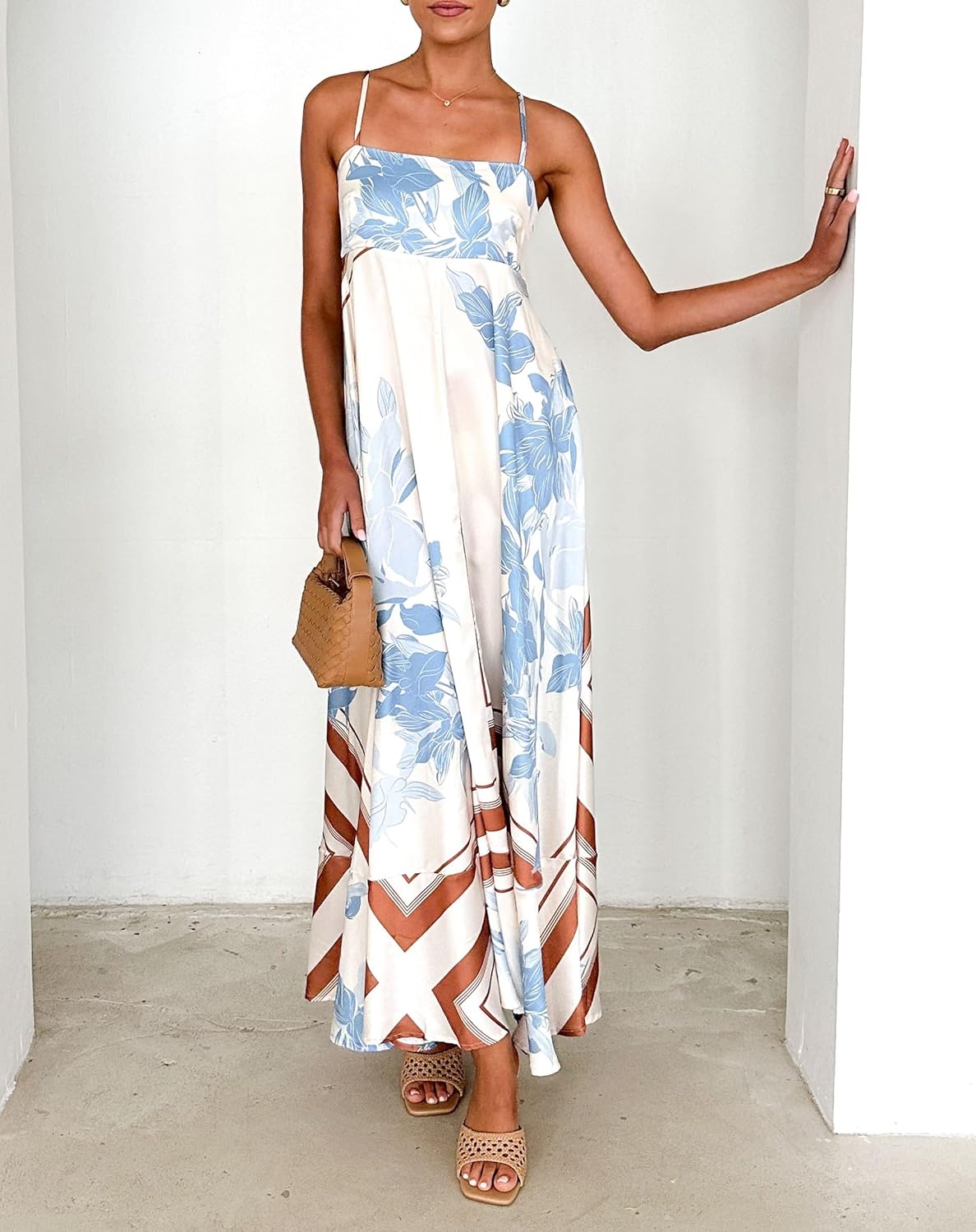 Women Boho Floral Maxi Dress Spaghetti Strap Smocked Back Flowy Dress Sleeveless Aline Long Sundress - Image 2