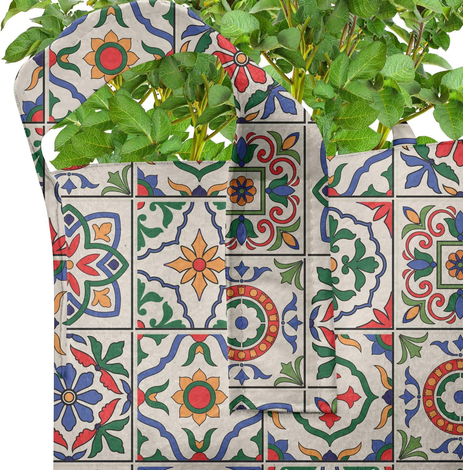 Lunarable Geometric Grow Bags 5-Pack, Portuguese Azulejo Mosaic, Heavyduty Fabric Pots with Handles for Plants, 7 Gallon, Multicolor