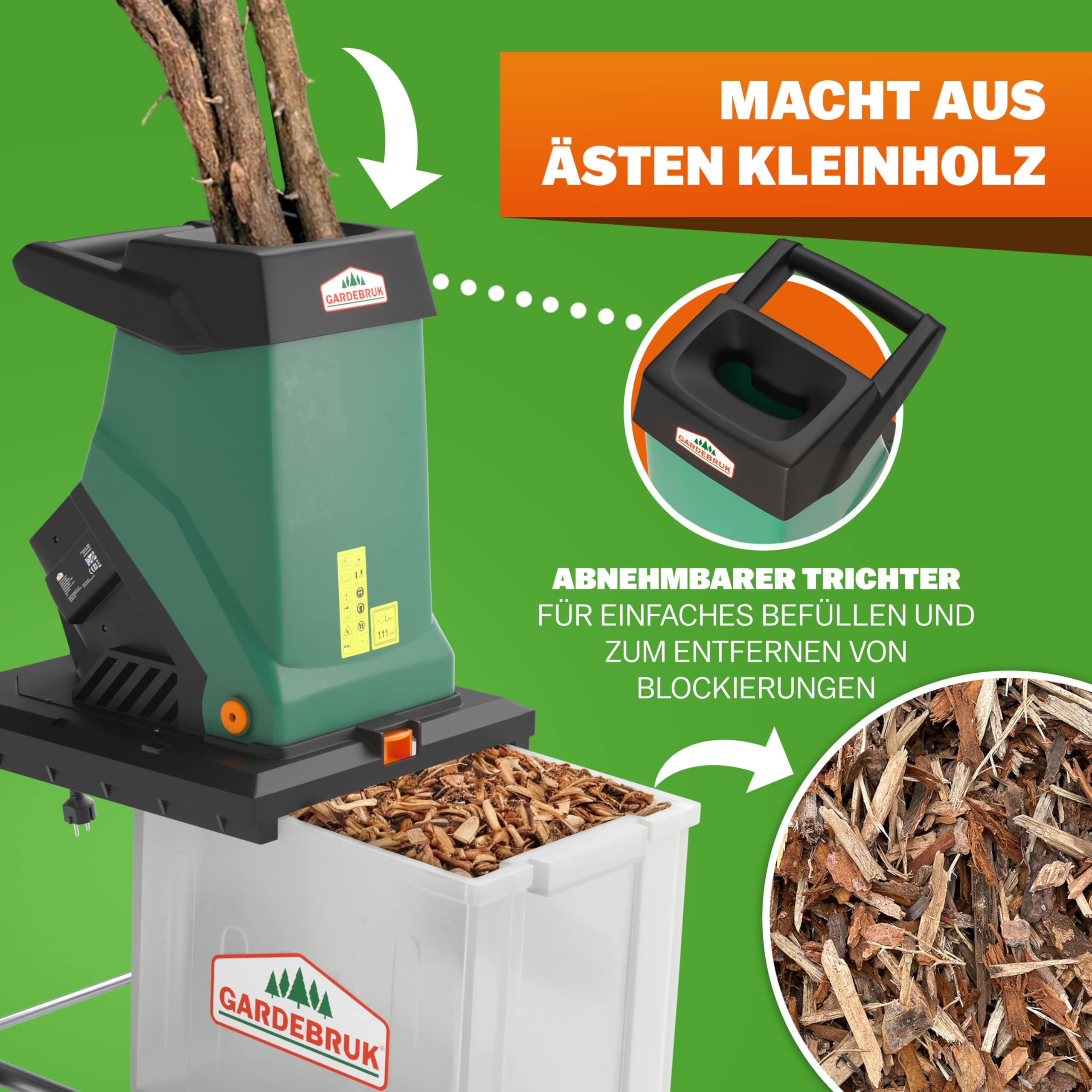 Gardebruk® Gartenhäcksler 3100 W 40 mm Aststärke Elektrisch 50 L Auffangbox Messerhäcksler
