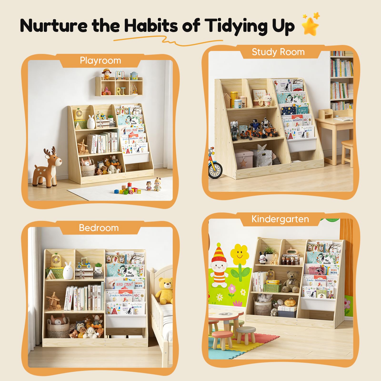 Libreria per bambini, a 5 ripiani, con 4 scomparti aperti, libreria in legno per bambini, camera da letto, sala giochi, aula e asilo nido