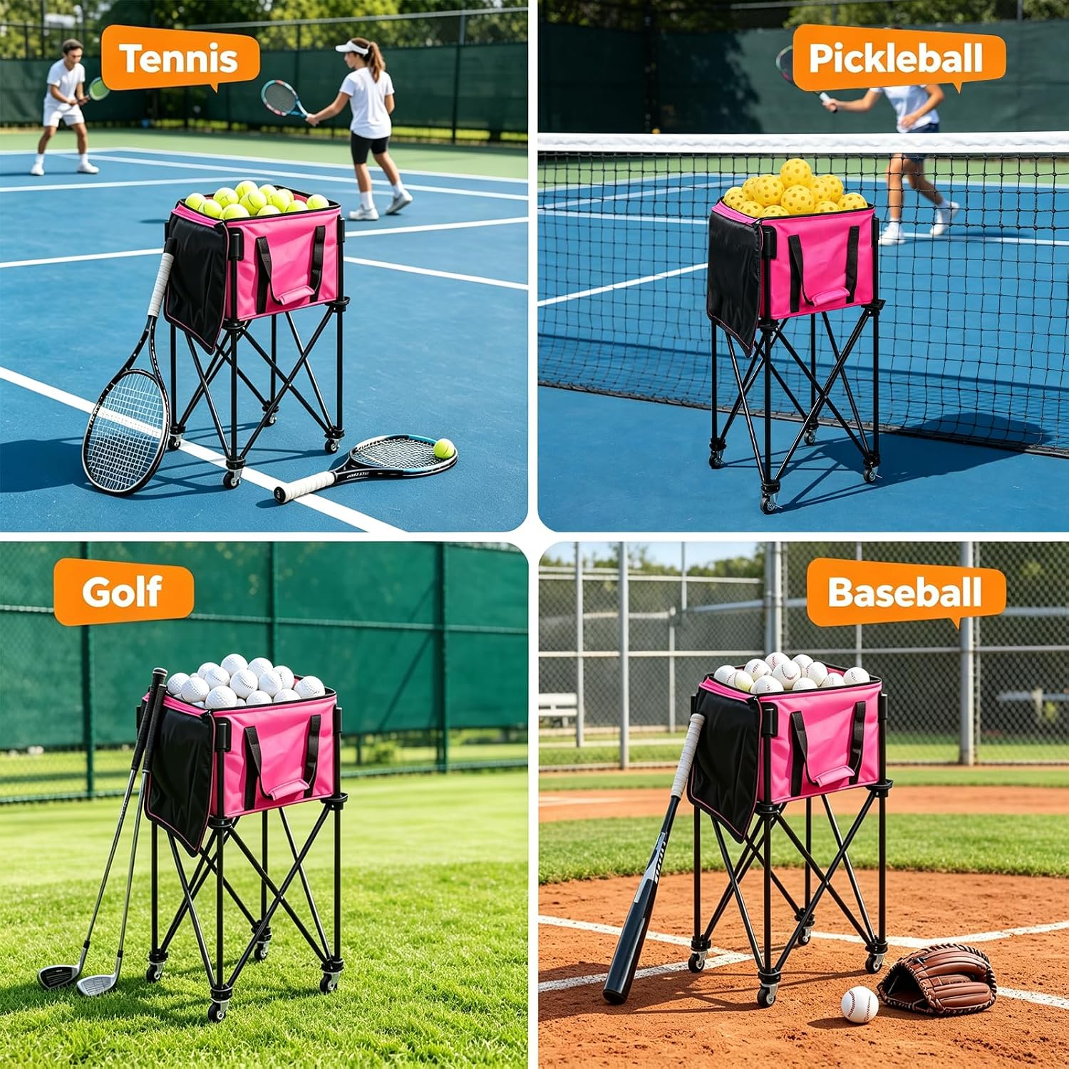 Tennis Ball Hopper& Pickleball Basket,Foldable Tennis Ball Basket for Extended Training, Ball Cart with Storage Bag