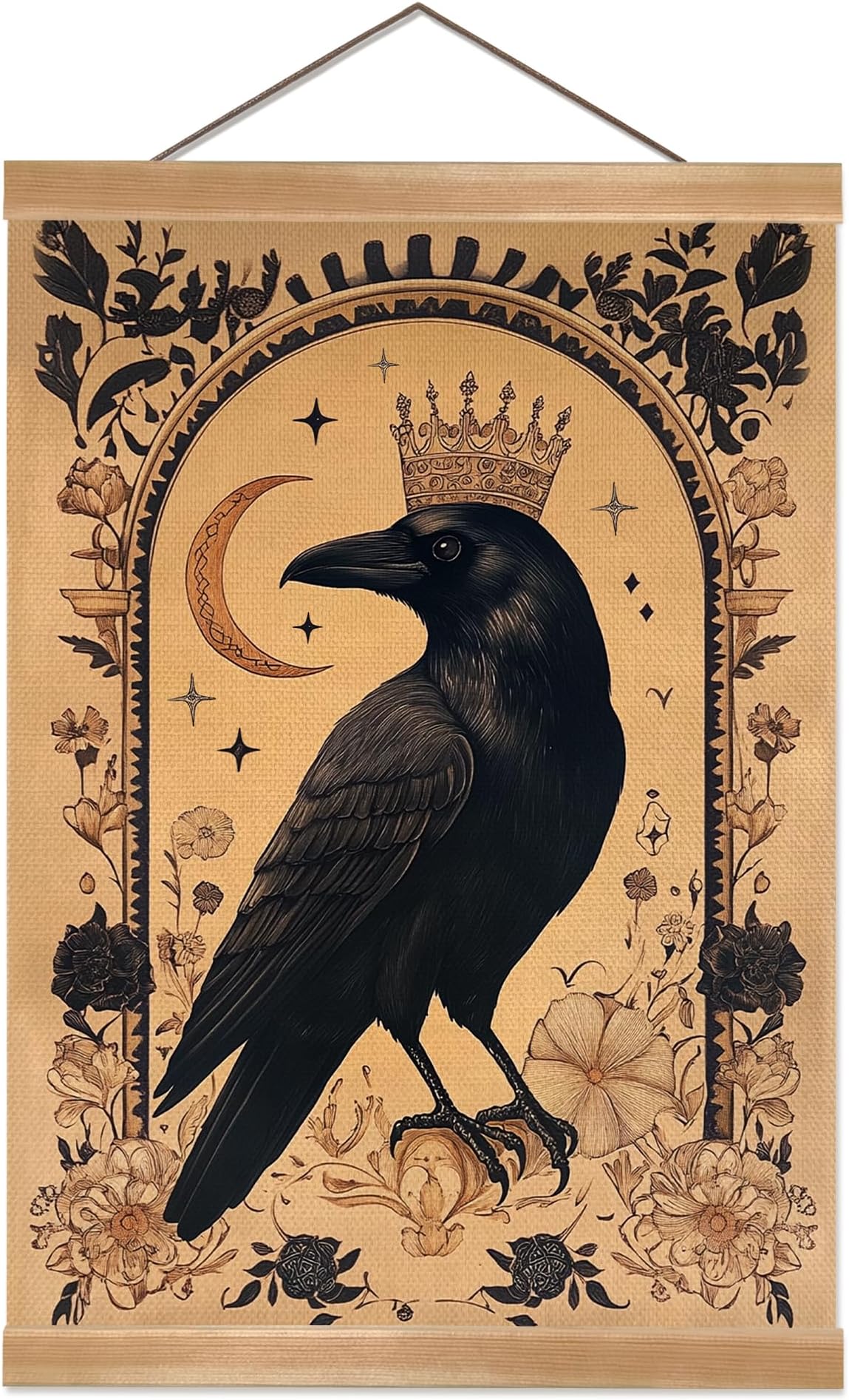 ZTGDA Gothic Vintage Raven Wall Art, A Crowned Raven and Celestial Moon, Witchy Dark Aesthetic Canvas Poster for Tarot Room, Bedroom or Mystery Decor 12x16inch(Retro color-Raven03)