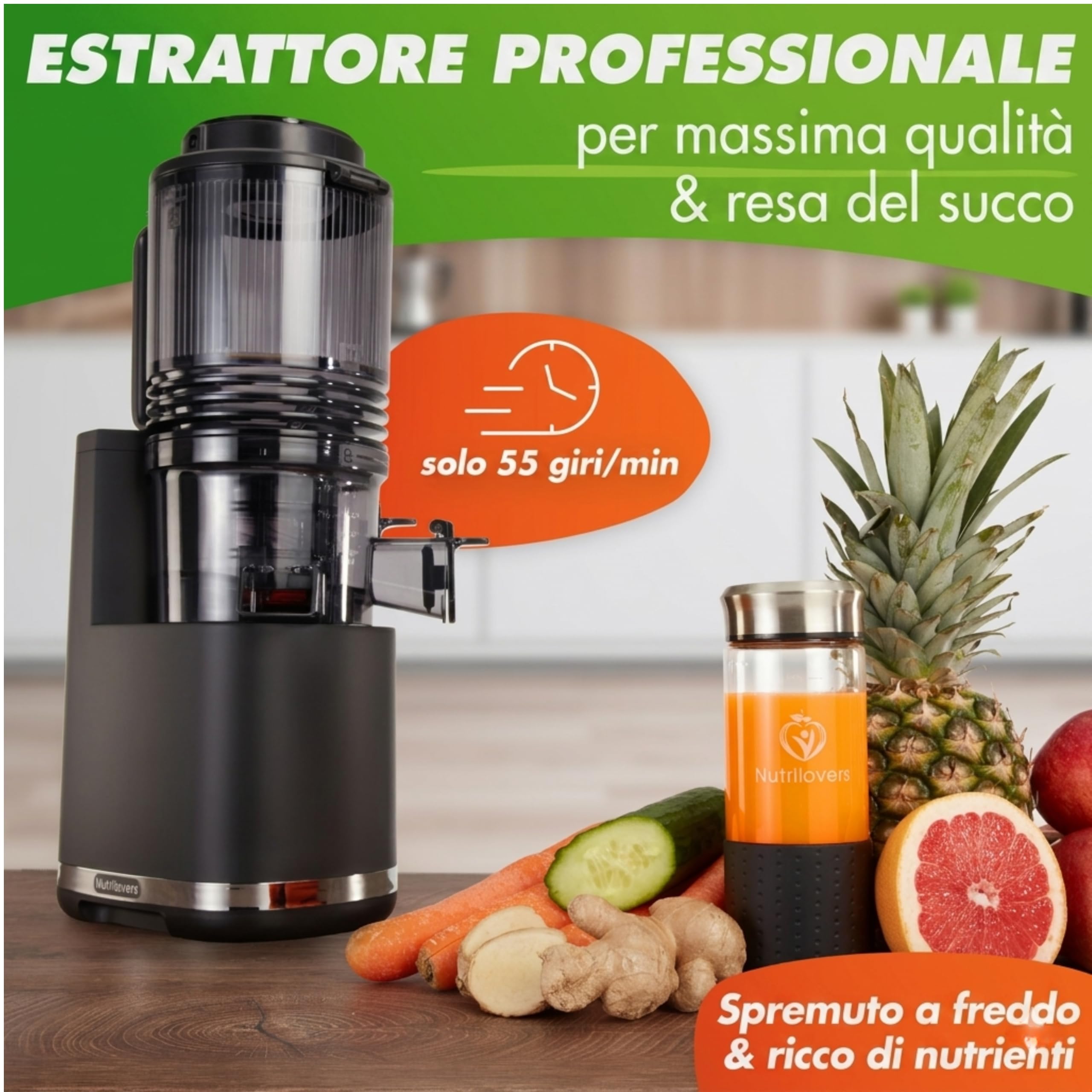 Nutrilovers Slow Juicer, NUTRI-PRESS MAX+, spremiagrumi per frutta intera, con apertura XXL da 150 mm, senza BPA, con bottiglia di succo, libro di ricette Slow Juice