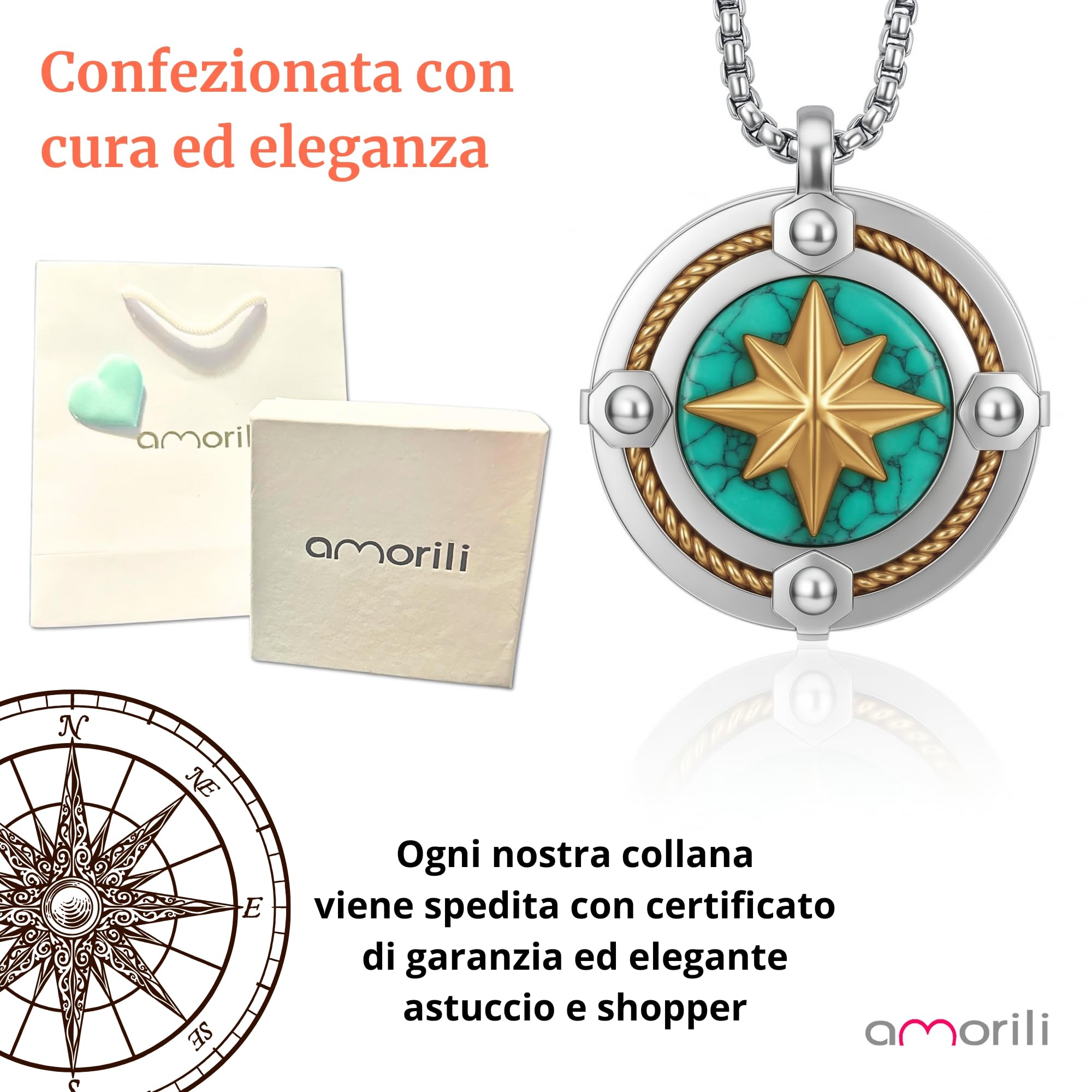 Collana Uomo Rosa dei Venti in Acciaio Inossidabile | Pendente Bussola Nautica | Catena Regolabile Fino a 50 cm | Gioiello Regalo Elegante Stile Marina Militare (l)