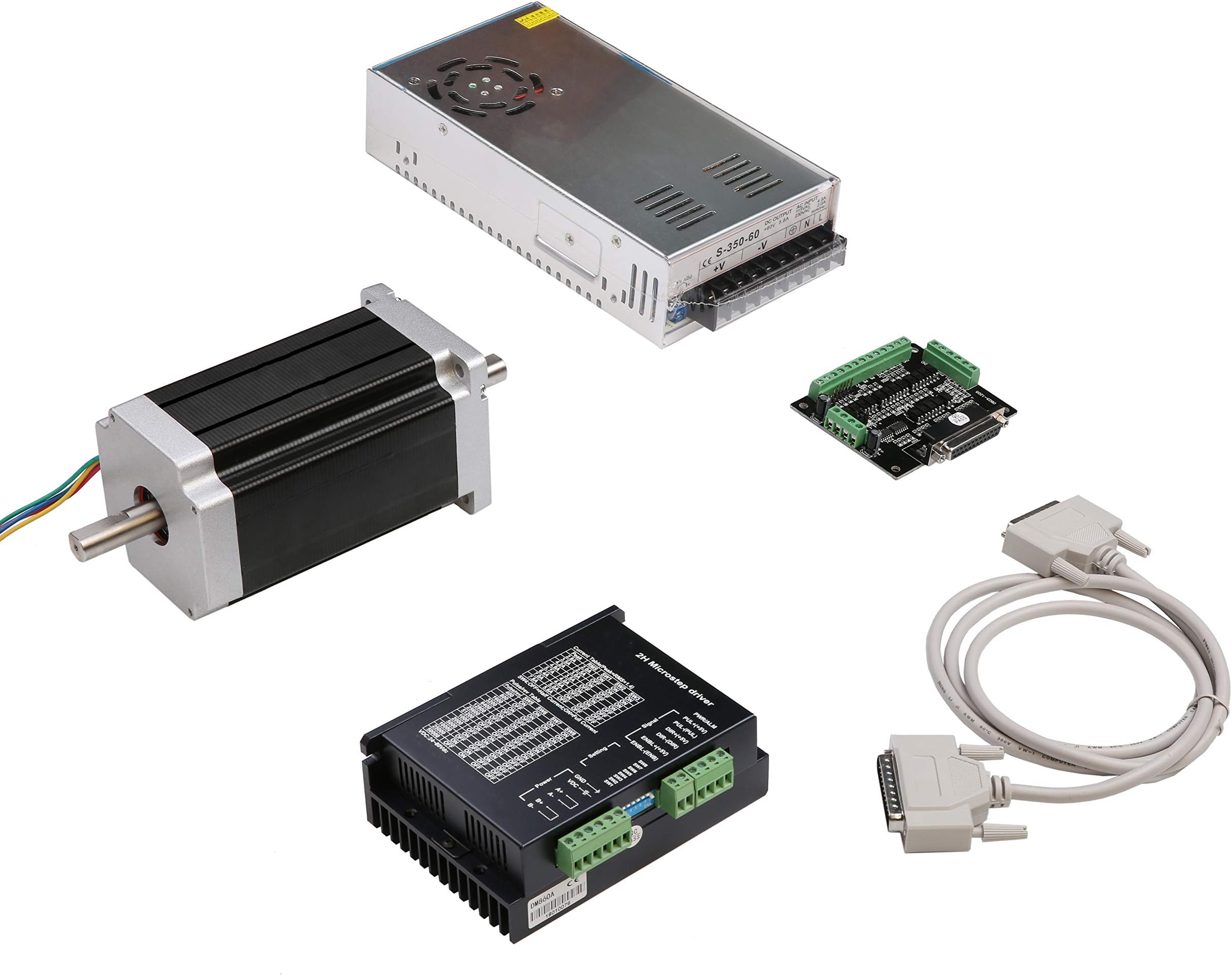 1 Axis cnc kit Nema 34 Stepper Motor + Stepper Motor Diver 7.8A 24-80VDC Peak +350W Power Supply 60VDC/9.7A with 1 Breakout Board and Parallel Cable for Professional miling griding