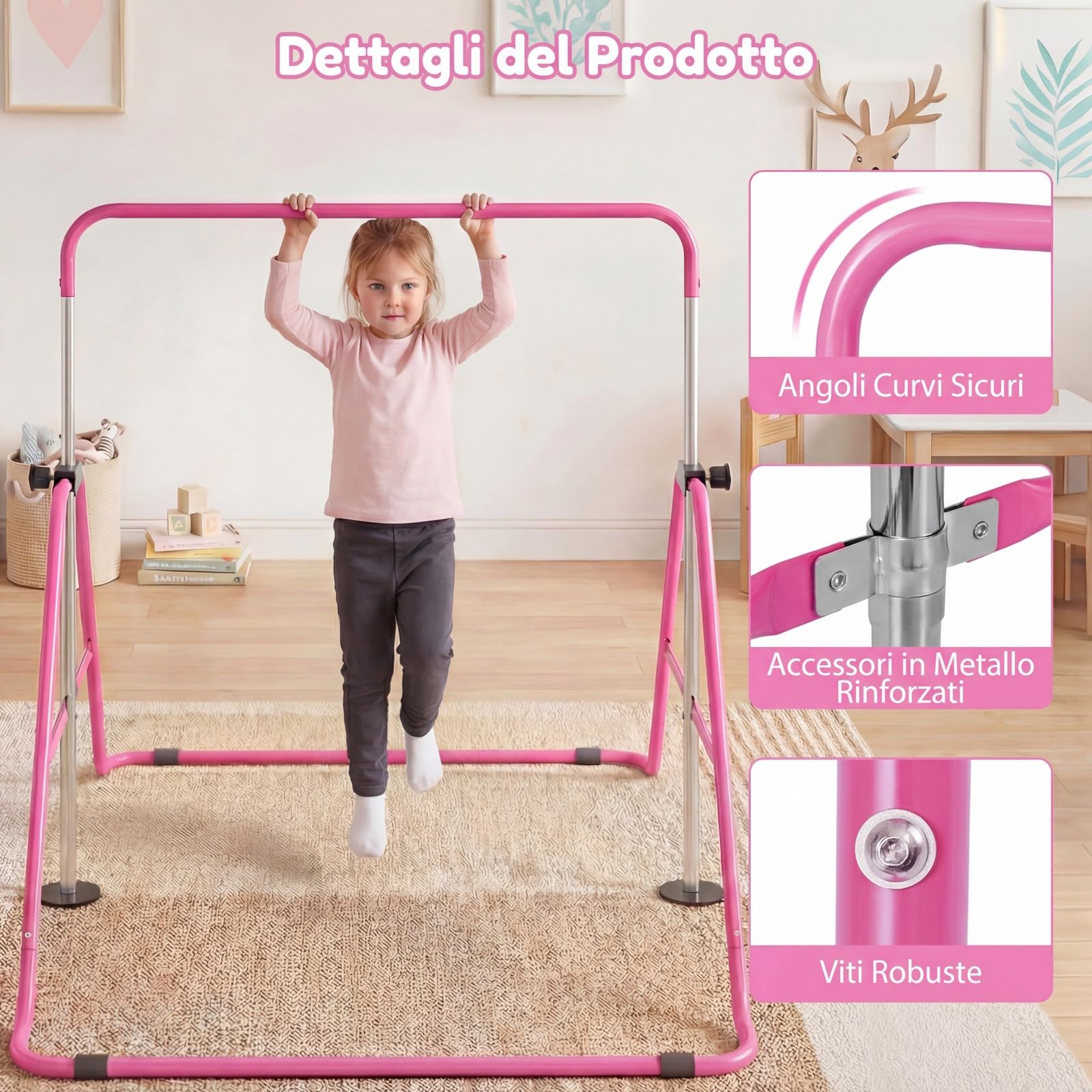COSTWAY Sbarra Ginnastica Artistica per Casa Pieghevole, Barra Orizzontale Regolabile in Altezza con Base Antiscivolo, Barra Ginnastica per Bambini da 3 a 12 Anni