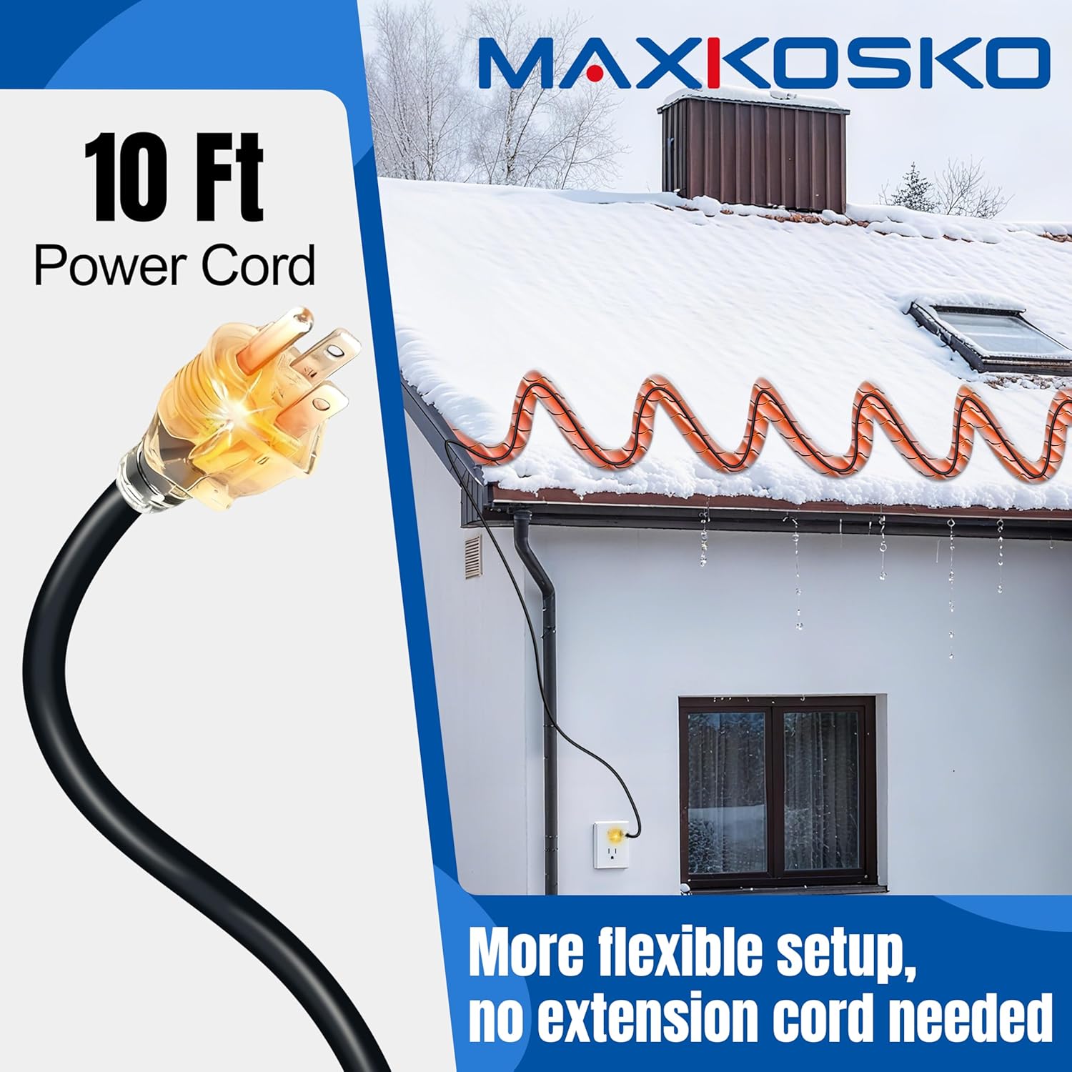 MAXKOSKO 75 FT Roof Heat Cable (10FT Cord), Self-Regulating Snow Melt Cable, 7W/Ft 120V Heat Tape for Roof & Gutters, Industrial Grade Gutter Heater Cable with Fluoropolymer Jacket