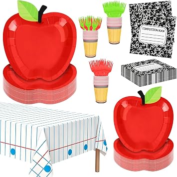 151 Pcs Back to School Party Supplies for 30 Guests, Apple Paper Plates Pencil Cups Composition Book Napkins Forks & Tablecloth, First Day of School Classroom Decorations