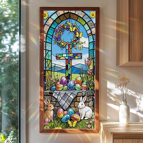 Easter Cross Window Film 39.37x15.75 Inch Stained Glass Bunny Egg