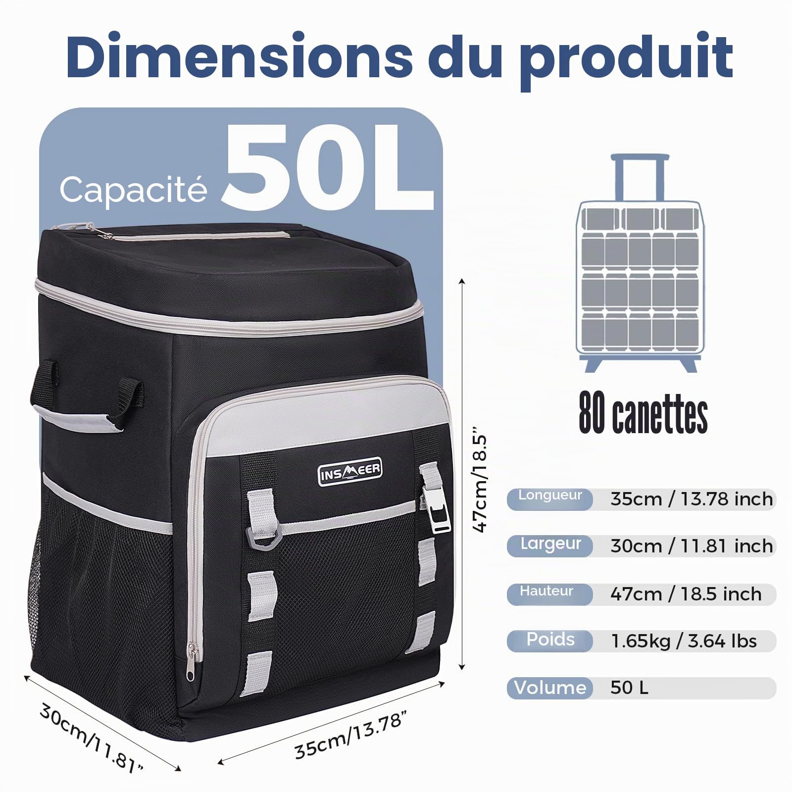 Sac isotherme à roulettes 50 L/80 canettes - Grand sac isotherme pliable et imperméable - Pour la plage, le camping, le pique-nique, le shopping