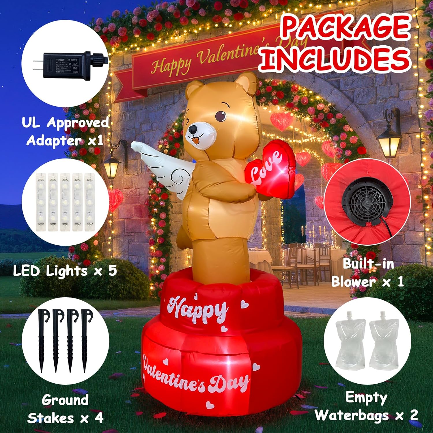 OurWarm 6FT Valentine Inflatables Outdoor Decorations, Rotating Angel Bear Valentines Inflatables with Wings, Cute Valentines Day Blow up Inflatable with LED Lights for Yard Lawn Party Wedding Decor