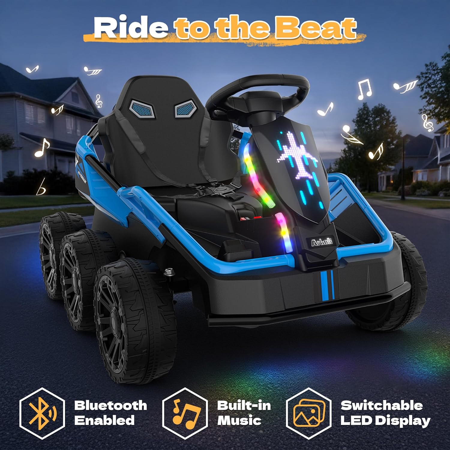 ARBELI 24V Ride on Car for Kids Aged 3-12, No Height Limit, 4WD All-Terrain Ride On with Remote Control, 6-Wheel Stability, Metal Frame Protection, Max 5Mph, LED Display, Bluetooth Music, Blue